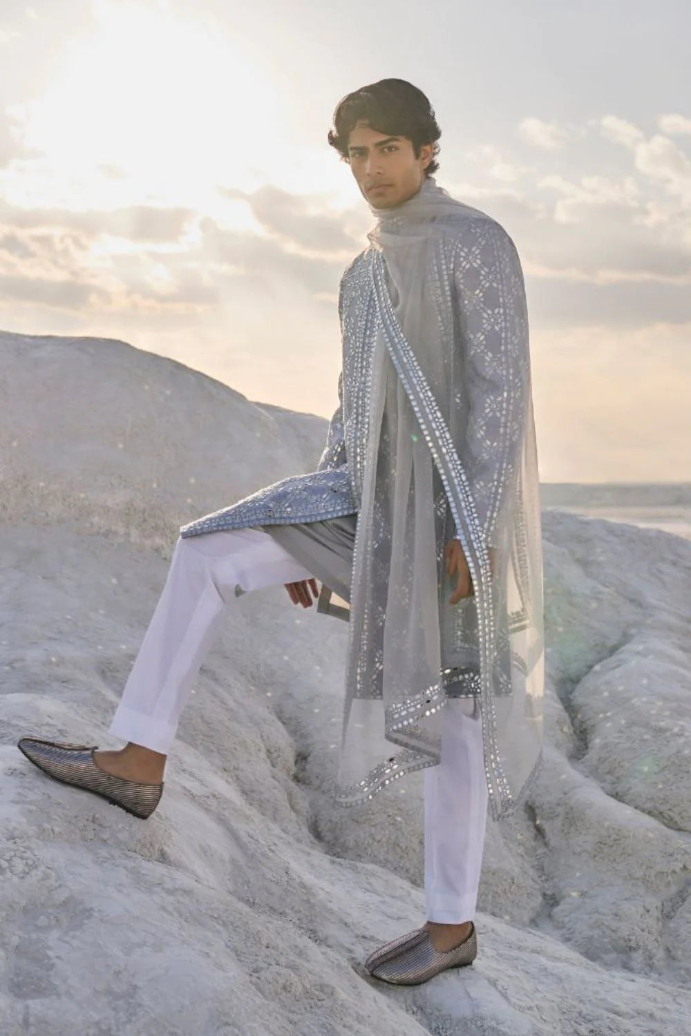 SG Metallic Grey Mirror Work Sherwani Set