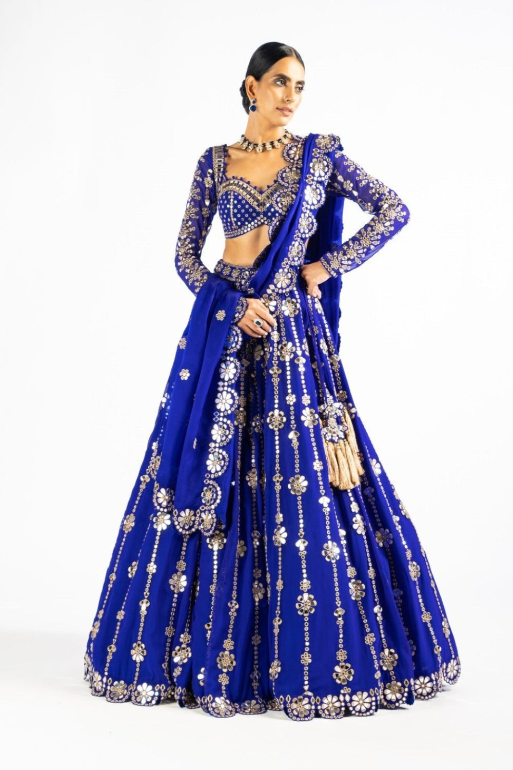 Royal Blue Big Flower Linear Lehenga Set