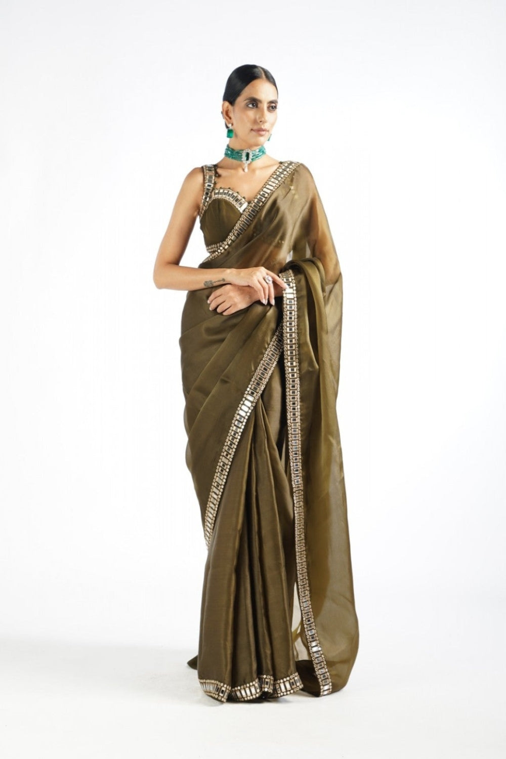 Olive Green Mirror Work Saree Set