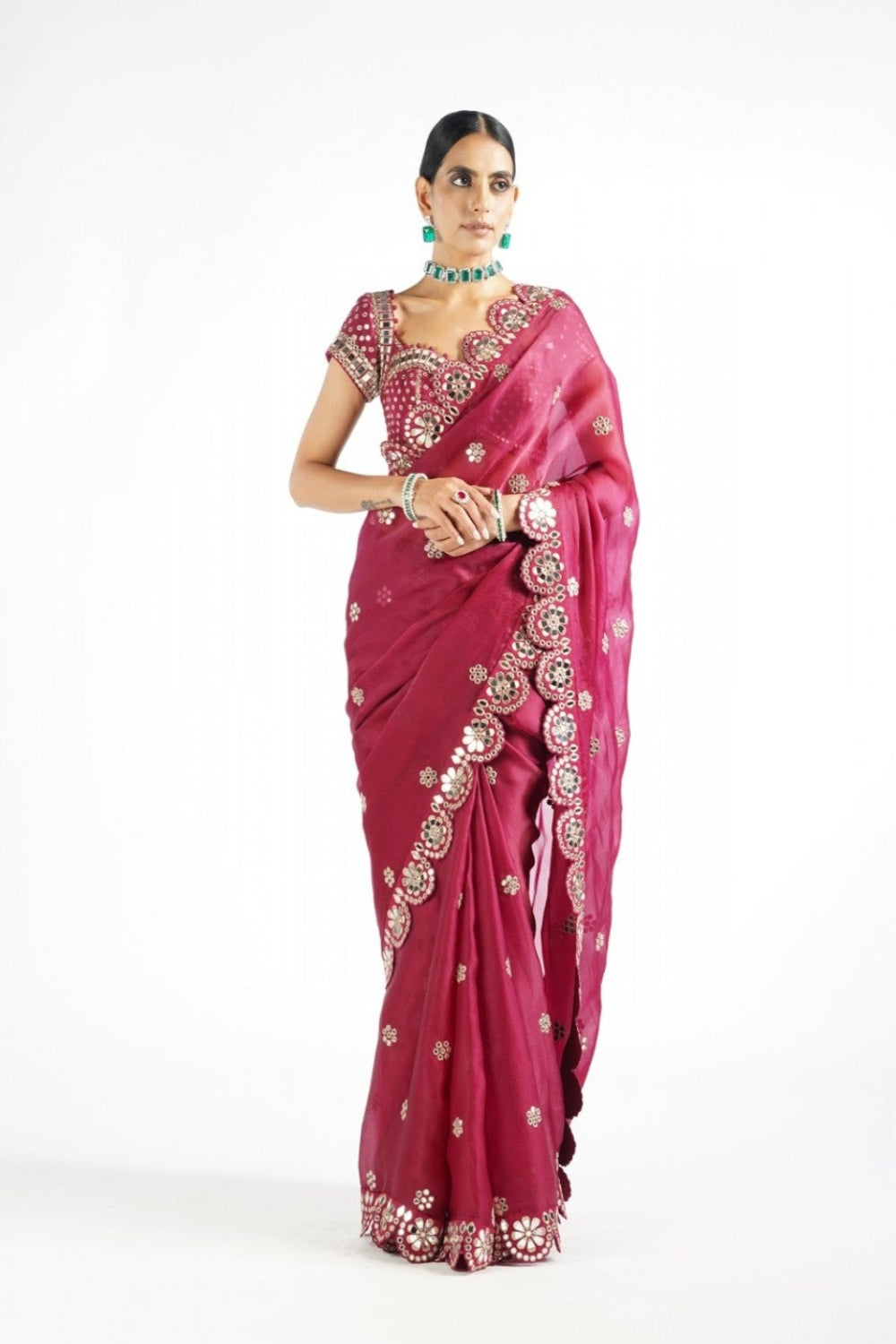 Mellow Wine Mirror Work Blouse Saree Set