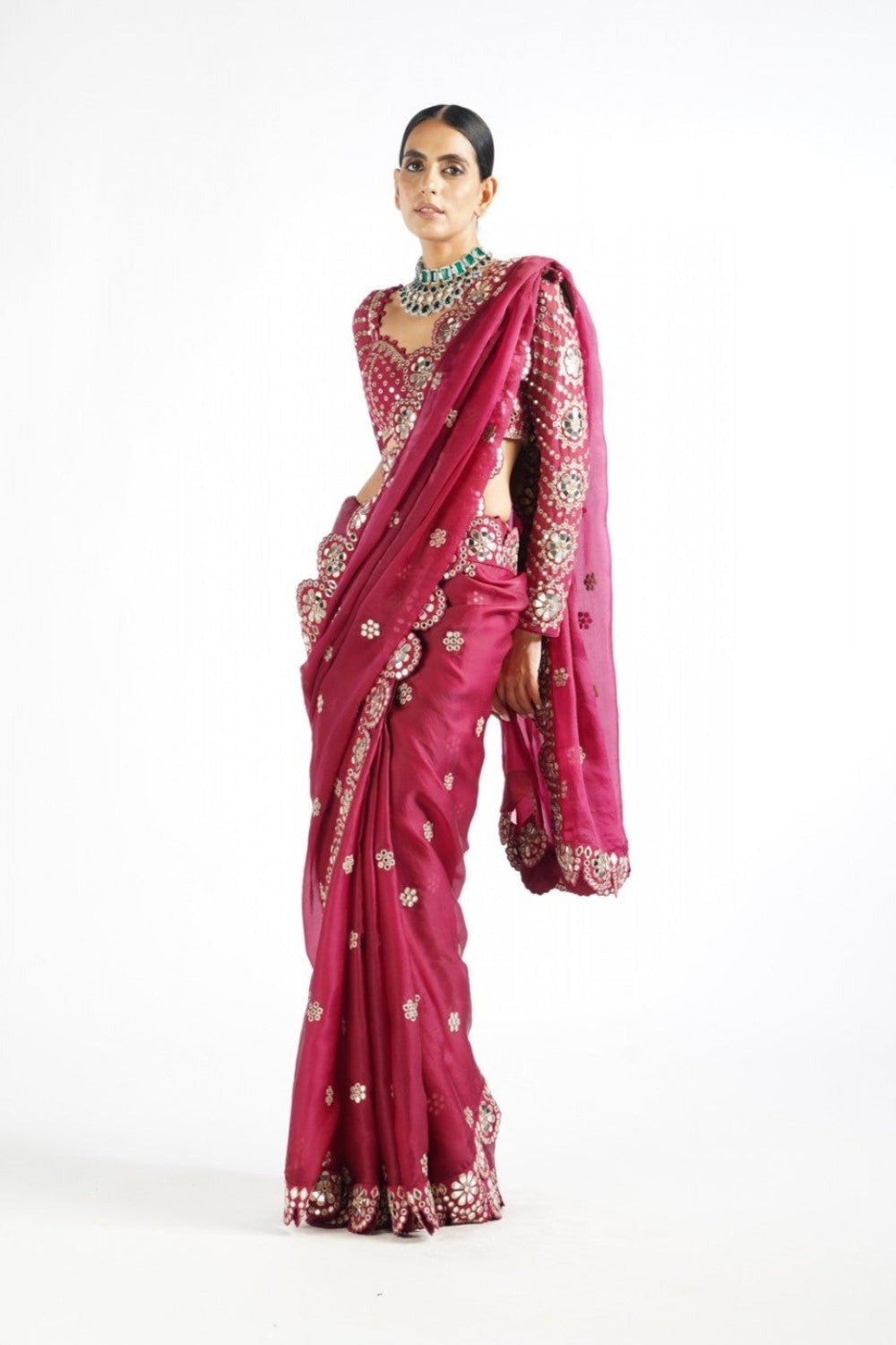 Mellow Wine Mirror Scallop Saree Set