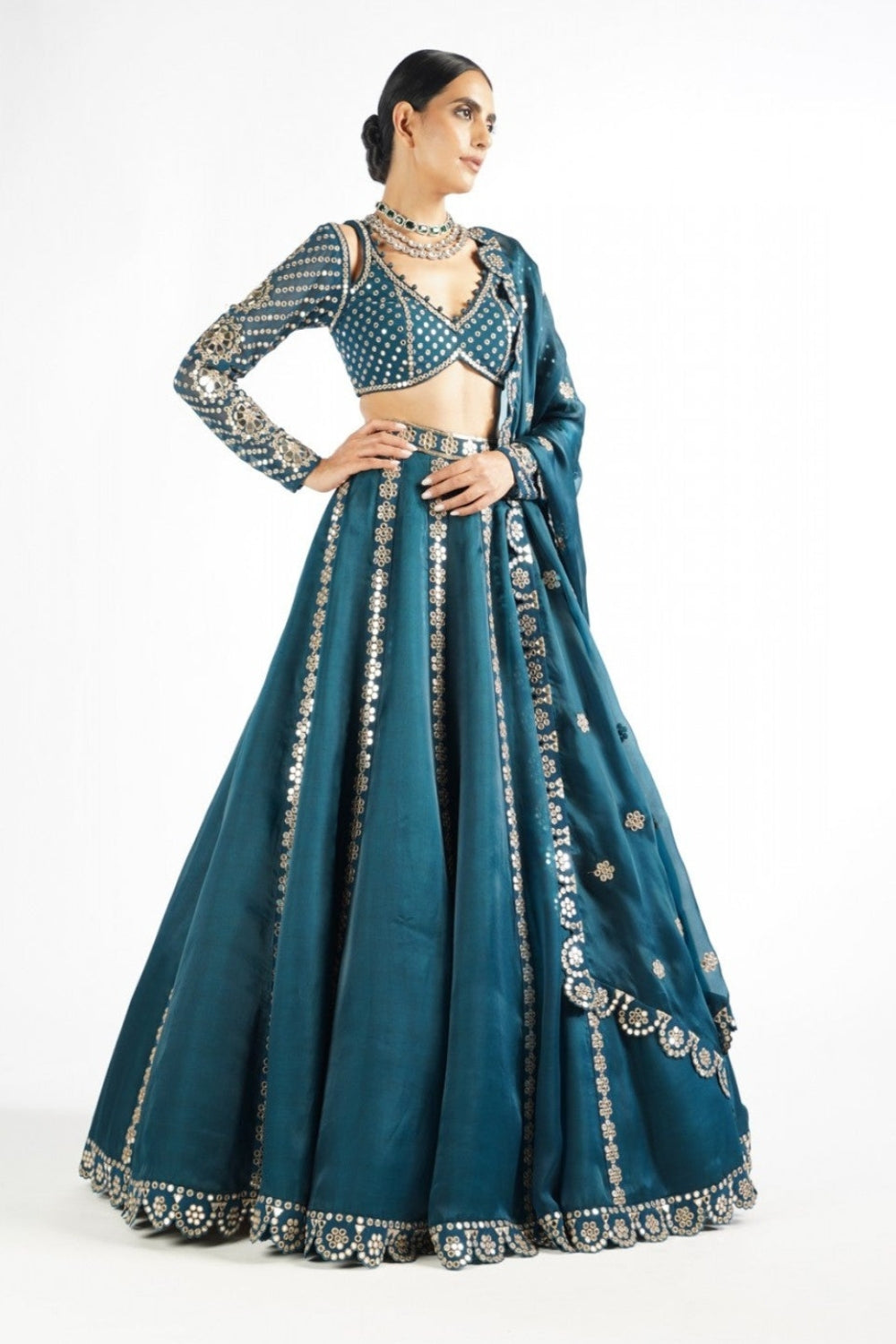 Dark Teal Flower Linear Lehenga Set
