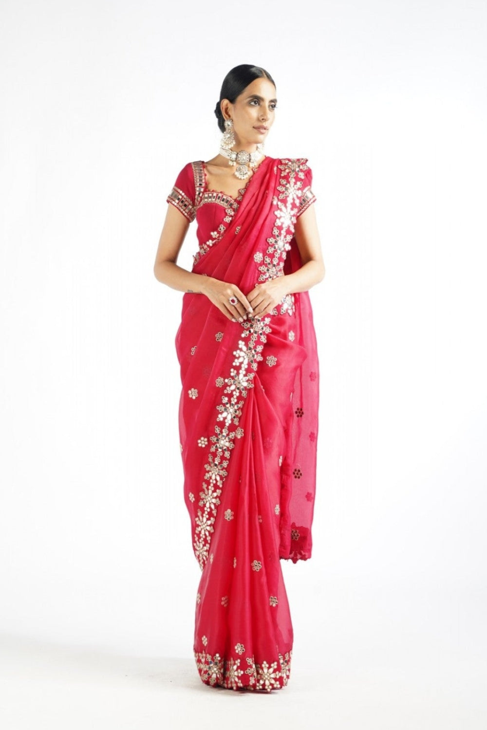 Crimson Red Mirror Work Saree
