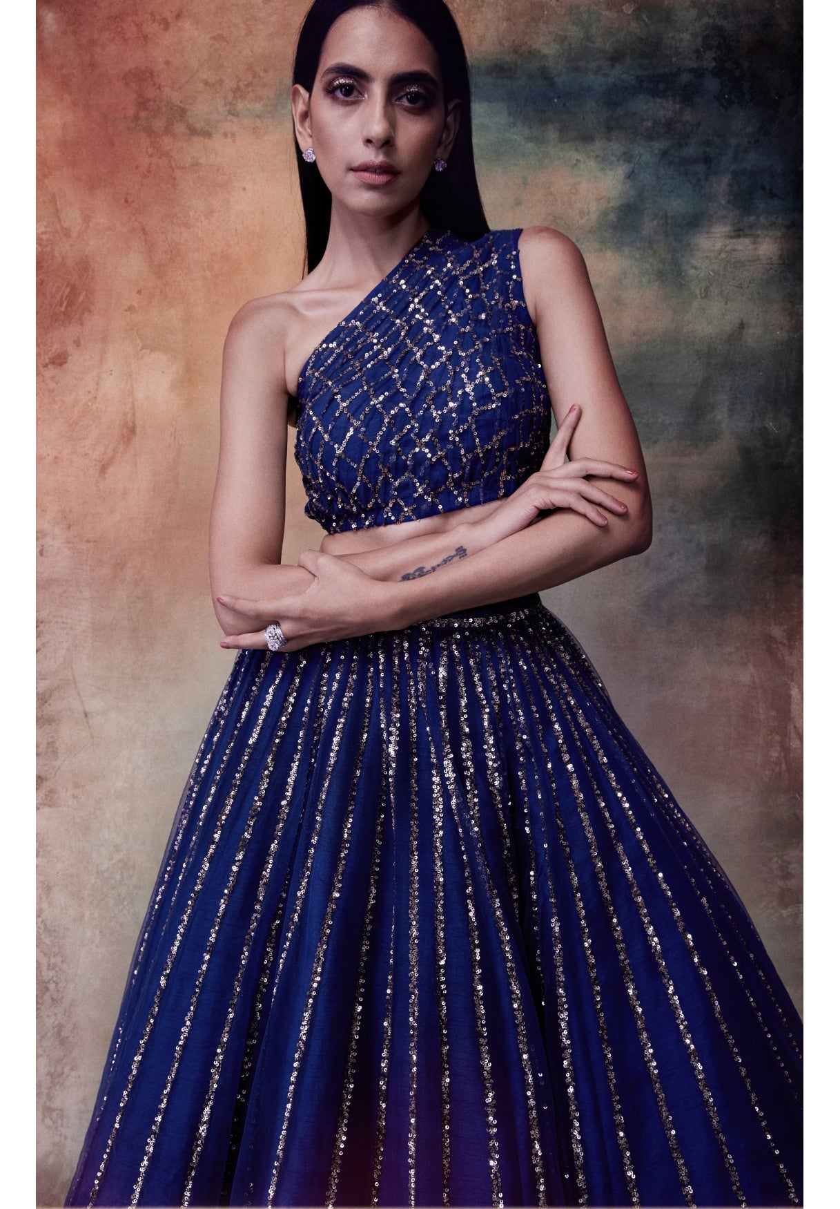 Midnight Blue One Shoulder Crop Top Skirt Set