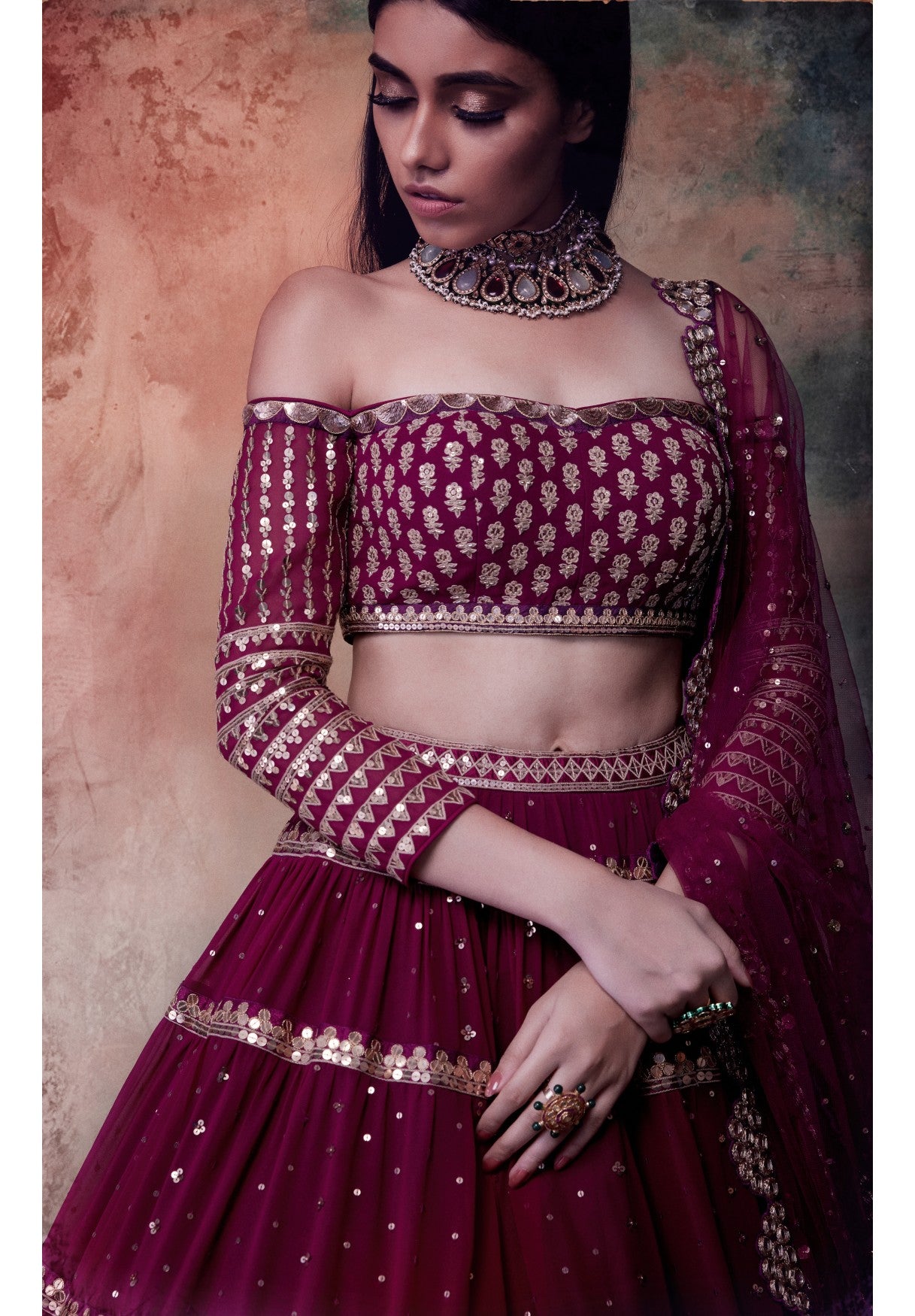 Wine Off Shoulder Tier Lehenga Set