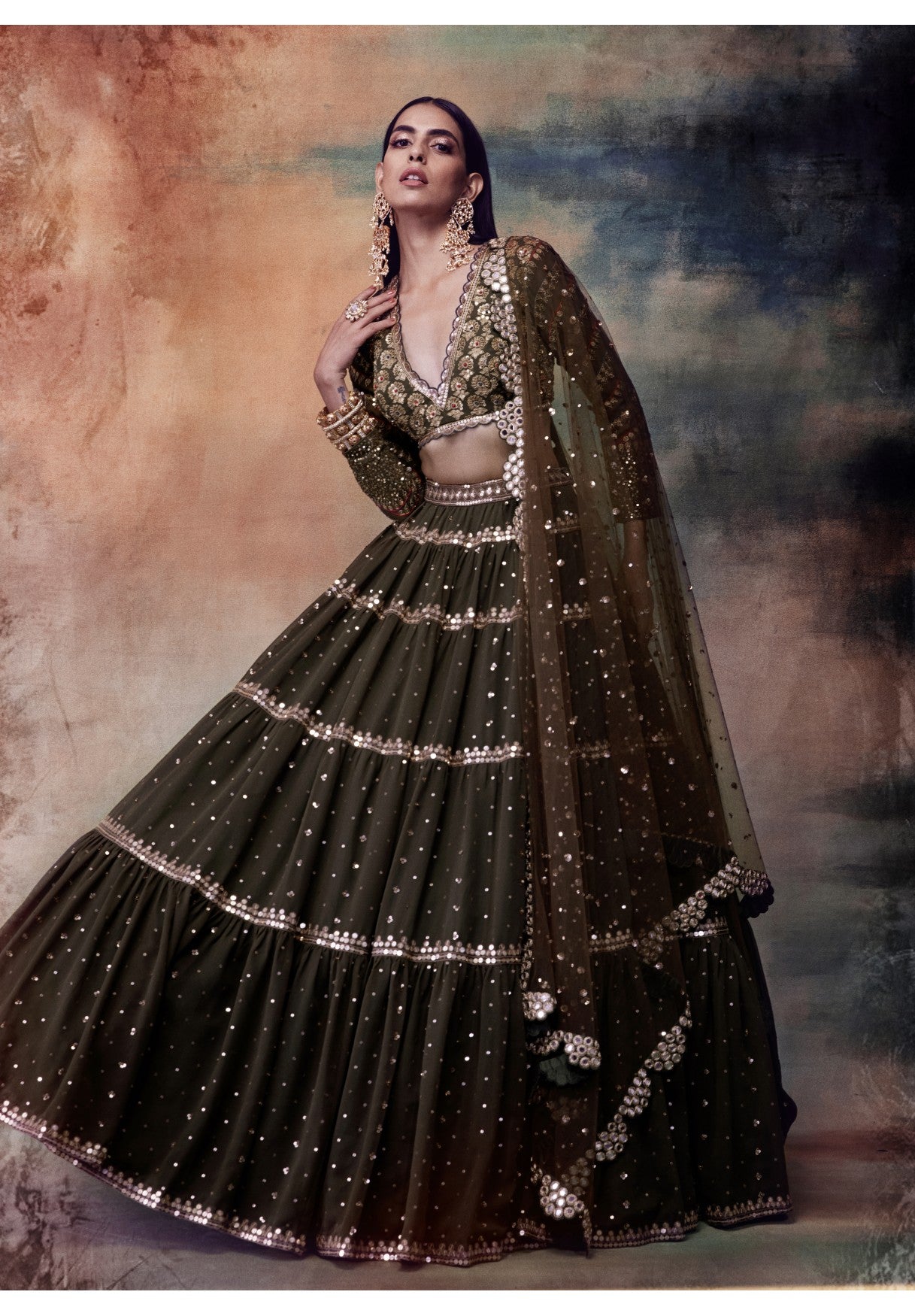 Olive Green Tier Lehenga Set