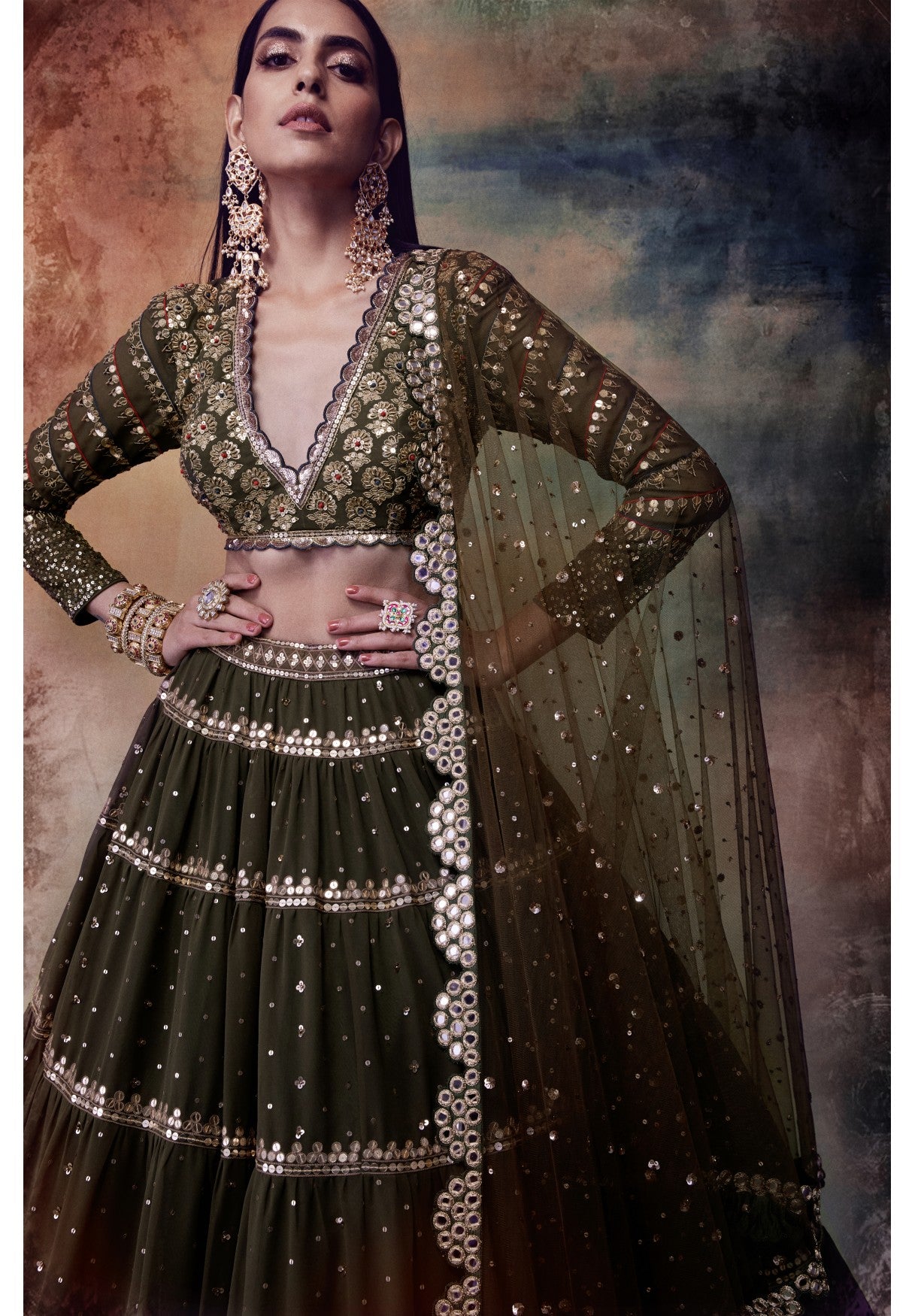 Olive Green Tier Lehenga Set