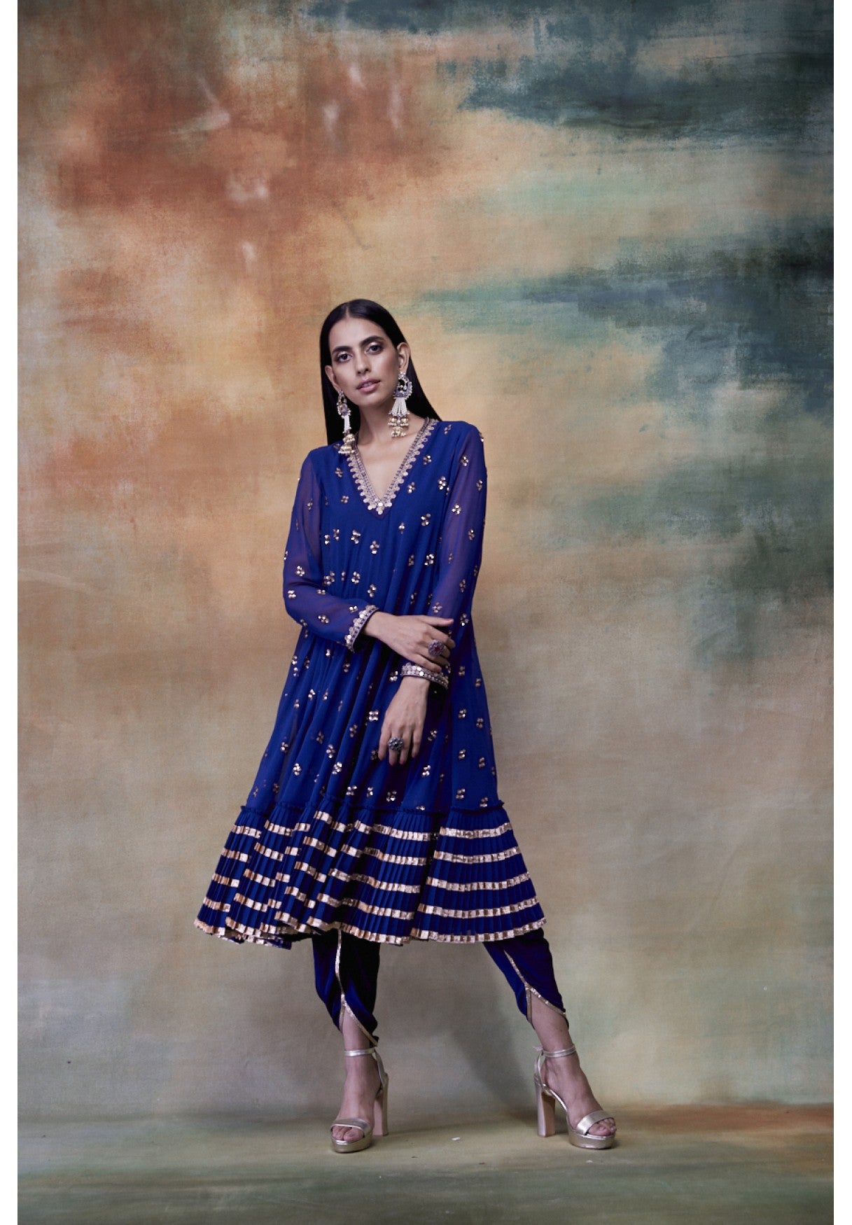 MidNight Blue A-Line Gota Frill Kurta & Dhoti Set