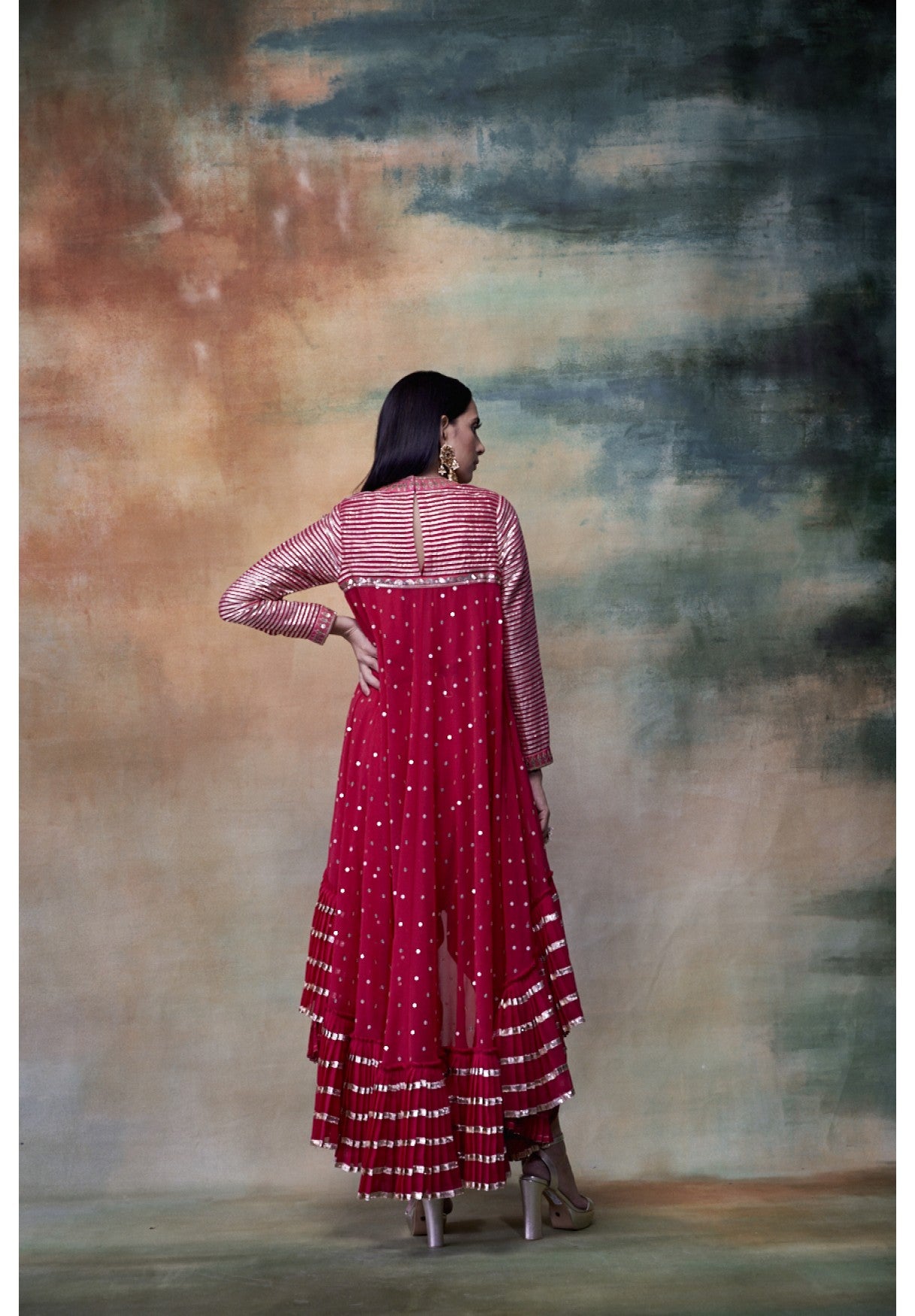 Crimson Red High Low Kurta Dhoti Set