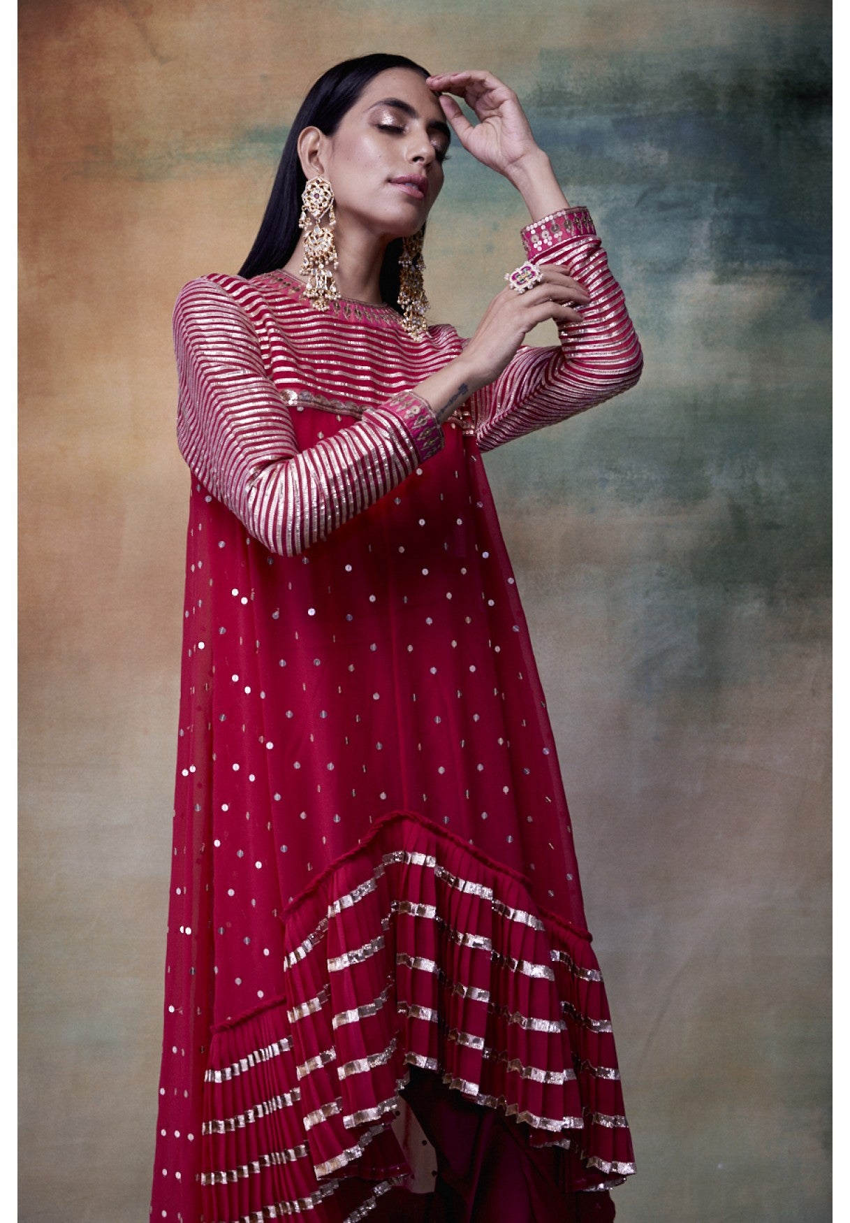 Crimson Red High Low Kurta Dhoti Set