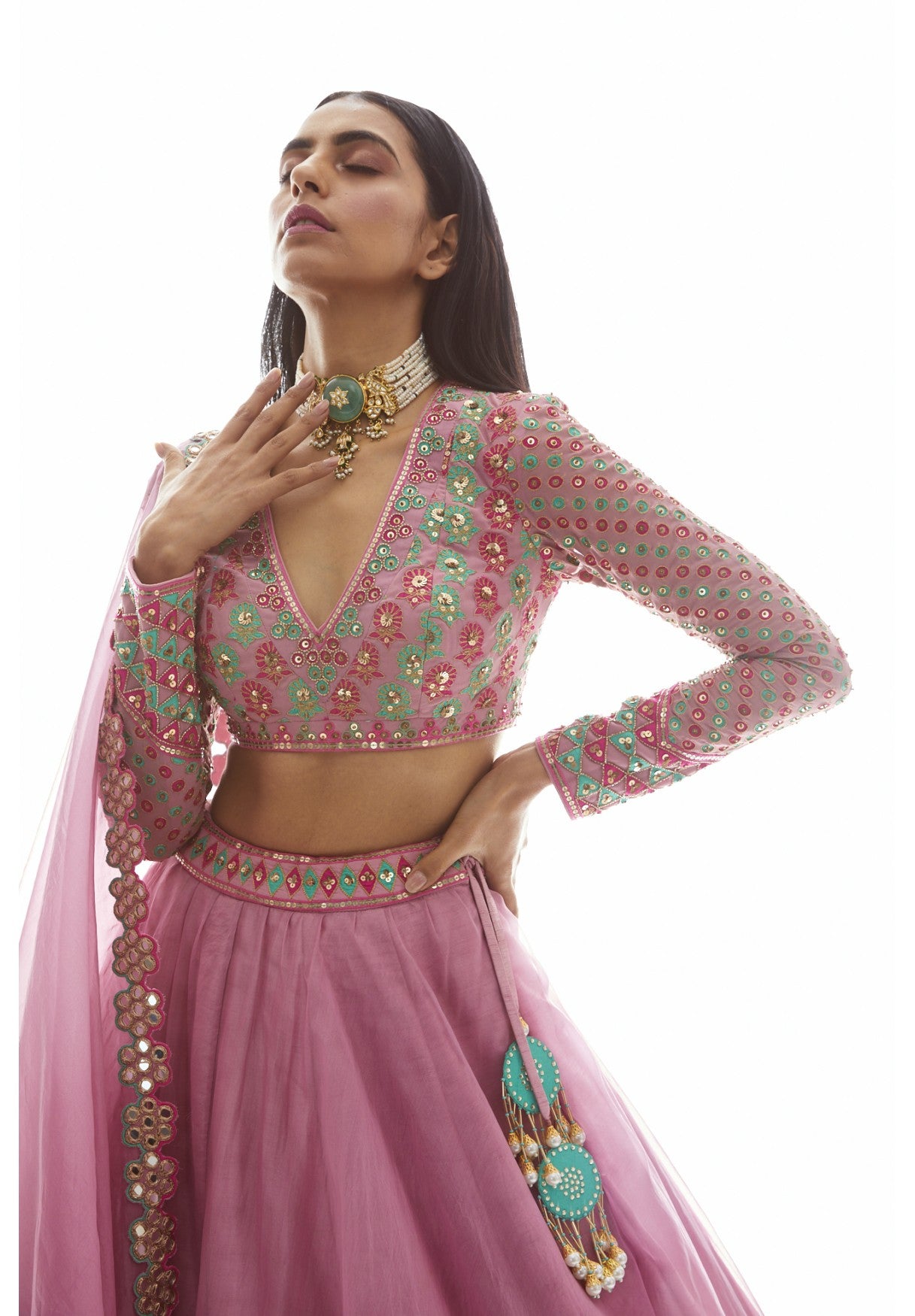 Dull Pink Applique Organza Lehenga Set
