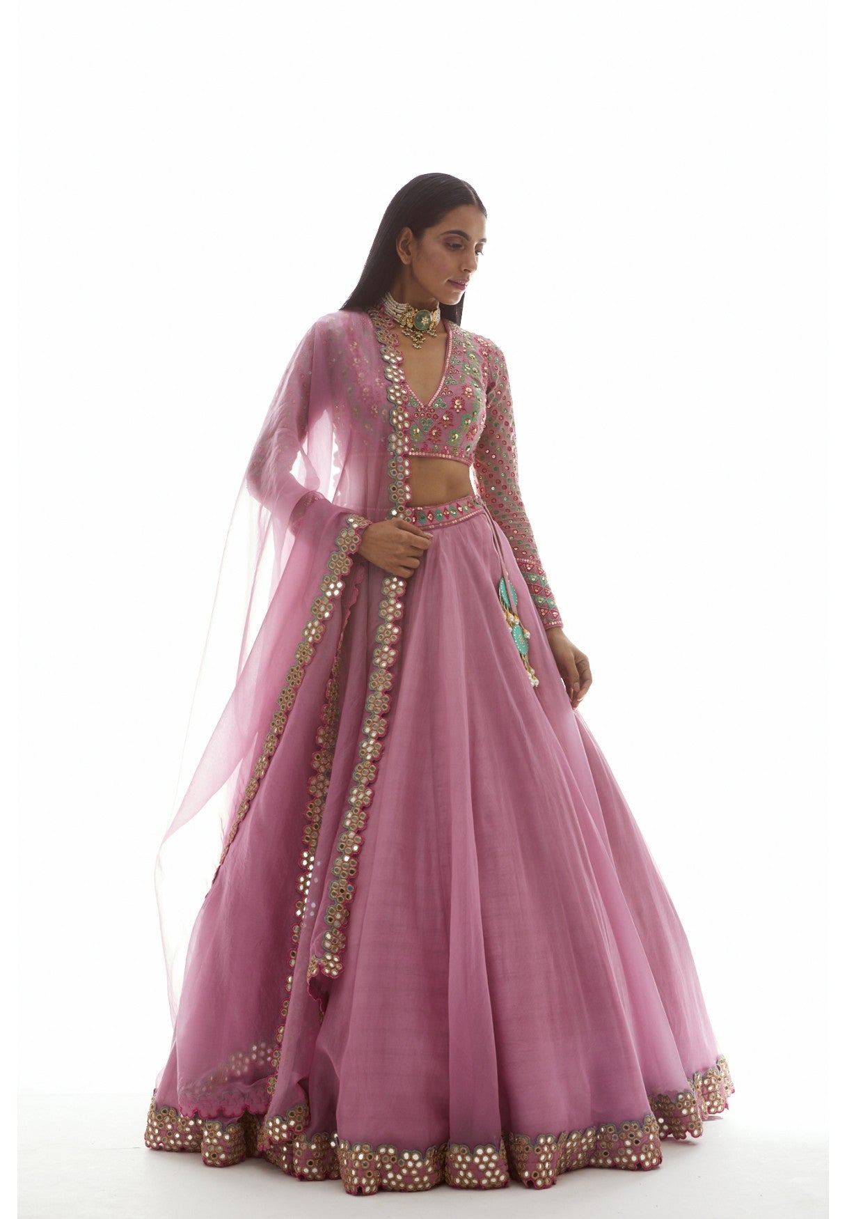 Dull Pink Applique Organza Lehenga Set