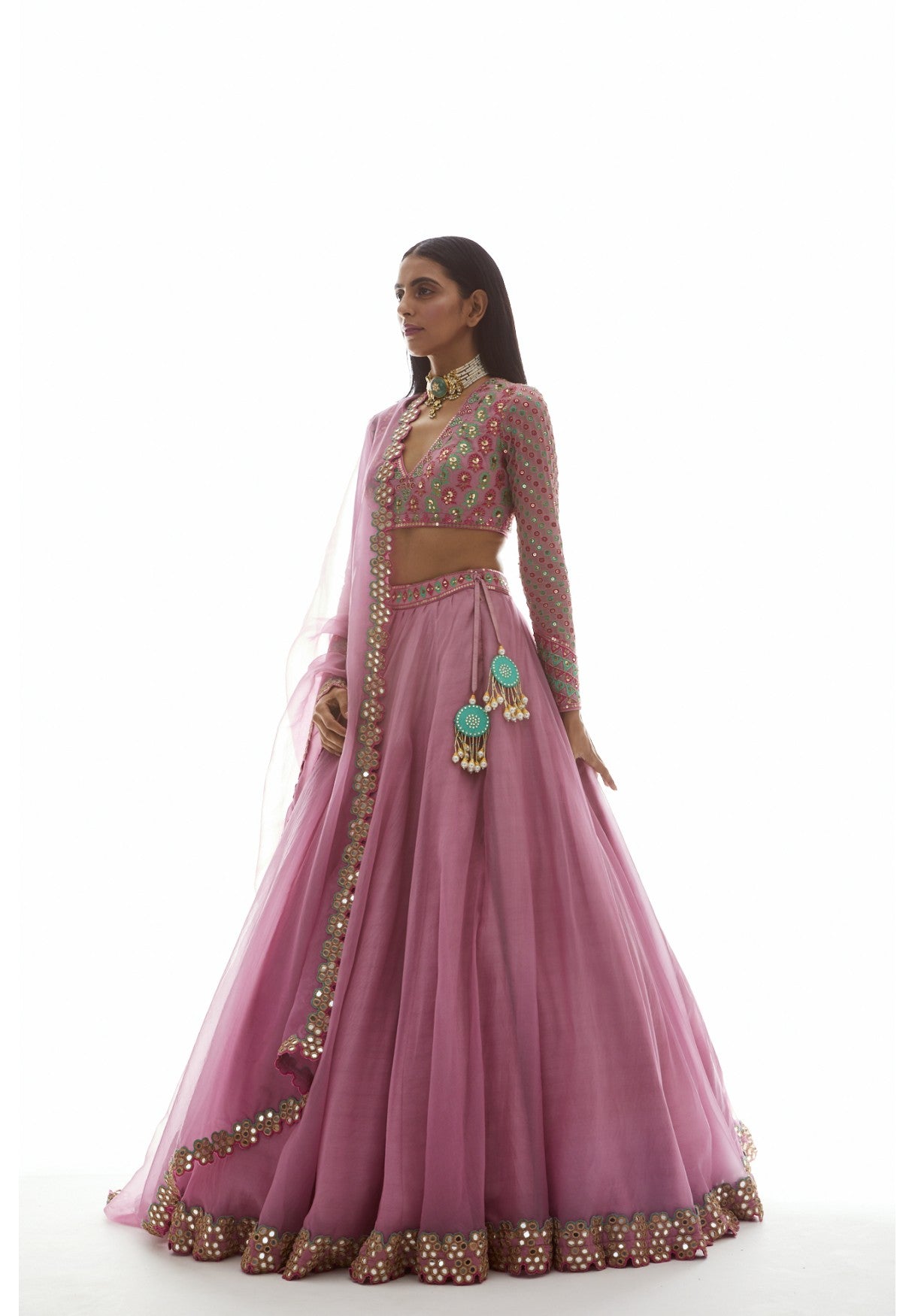 Dull Pink Applique Organza Lehenga Set