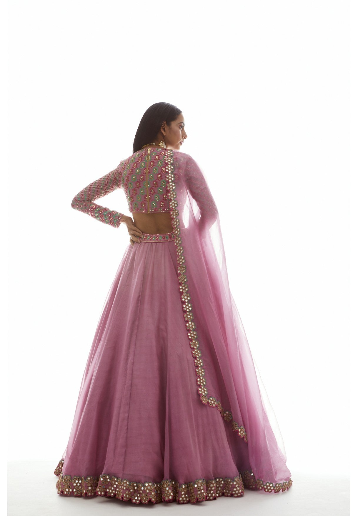 Dull Pink Applique Organza Lehenga Set
