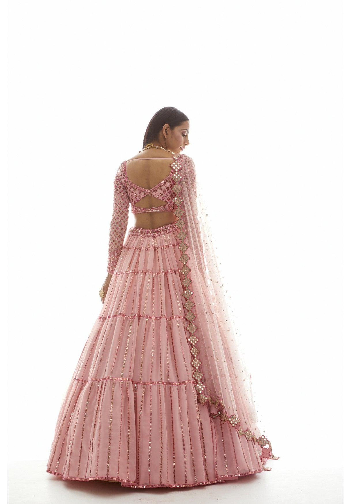 Peach Applique Tier Lehenga Set