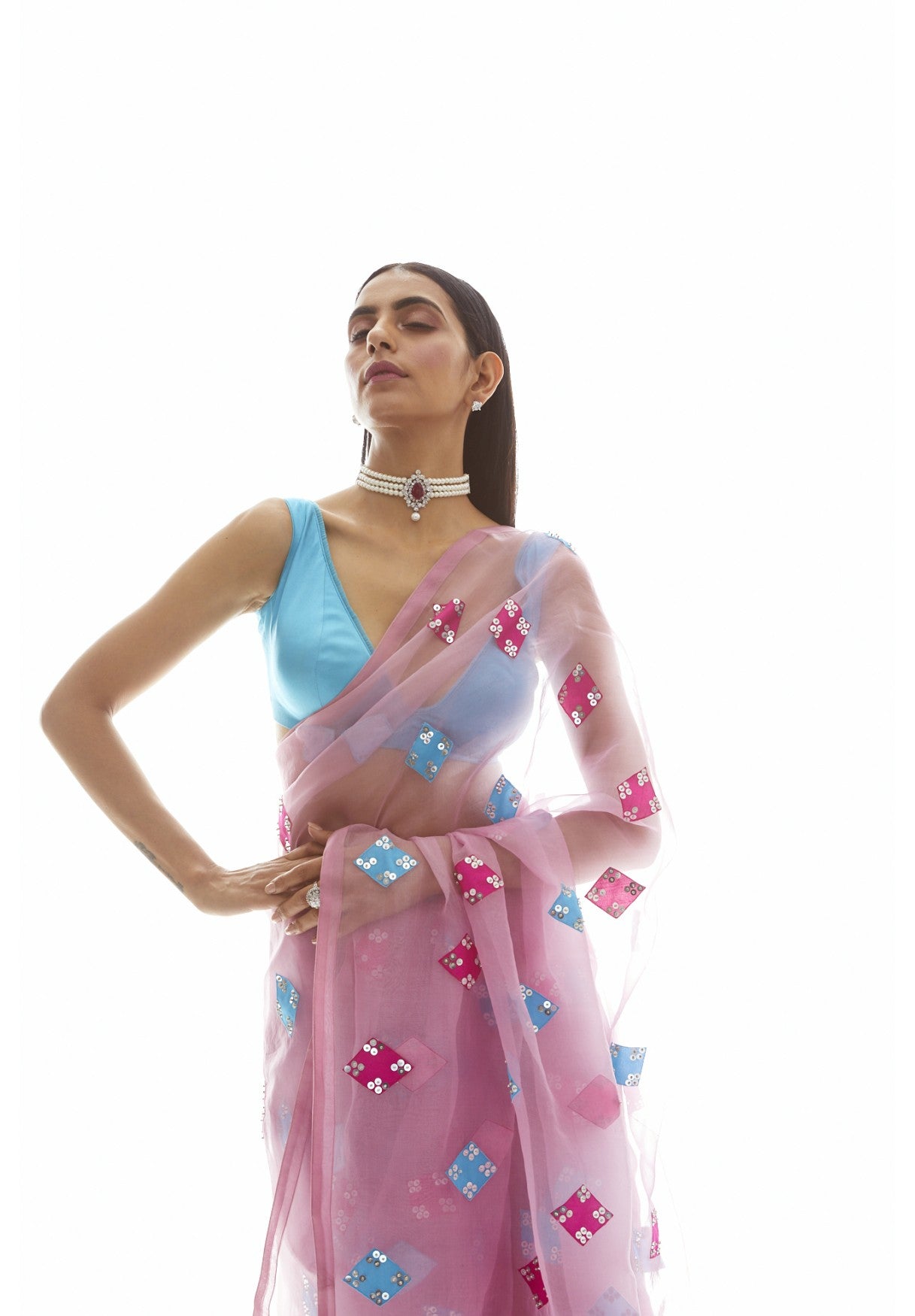 Onion Pink Applique Saree Set