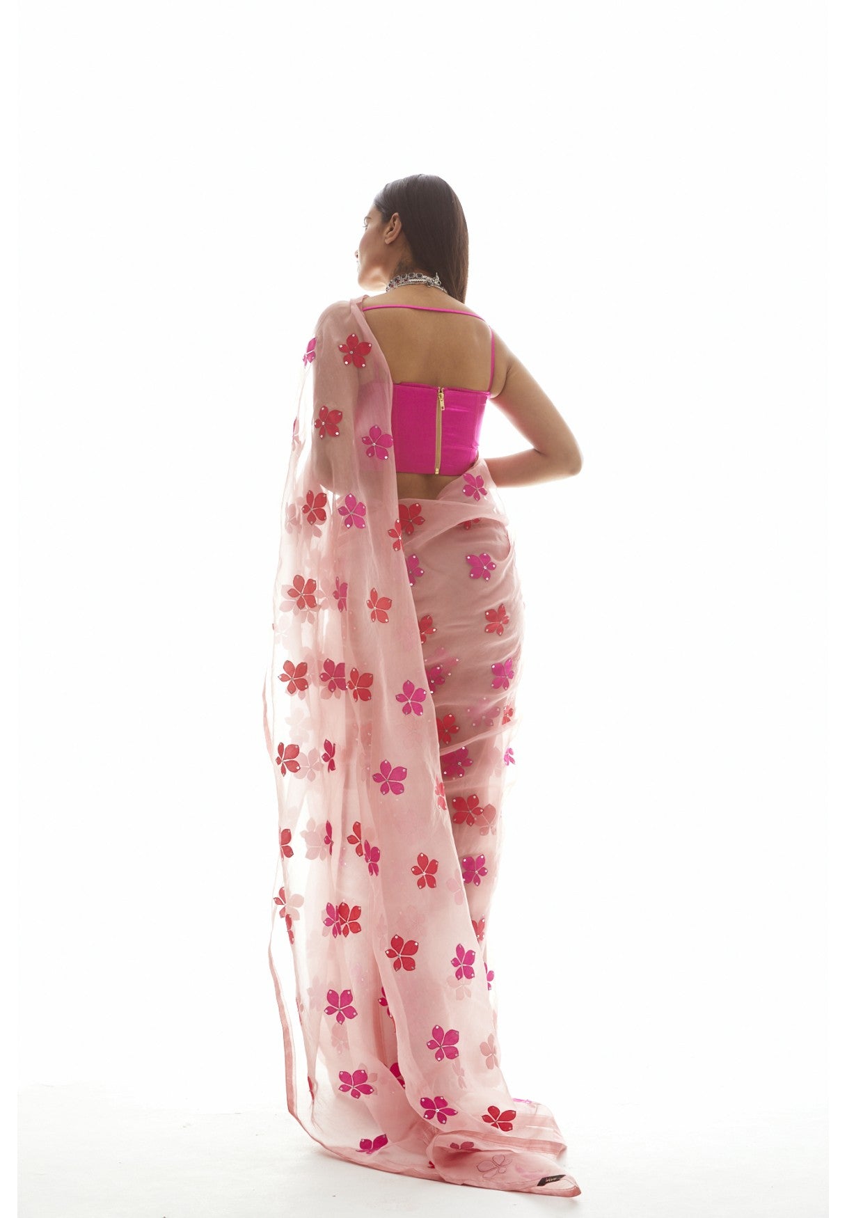 Dusty Rose Applique Organza Saree Set