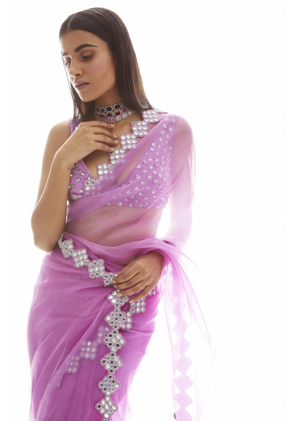 Mauve Organza Mirror Border Saree
