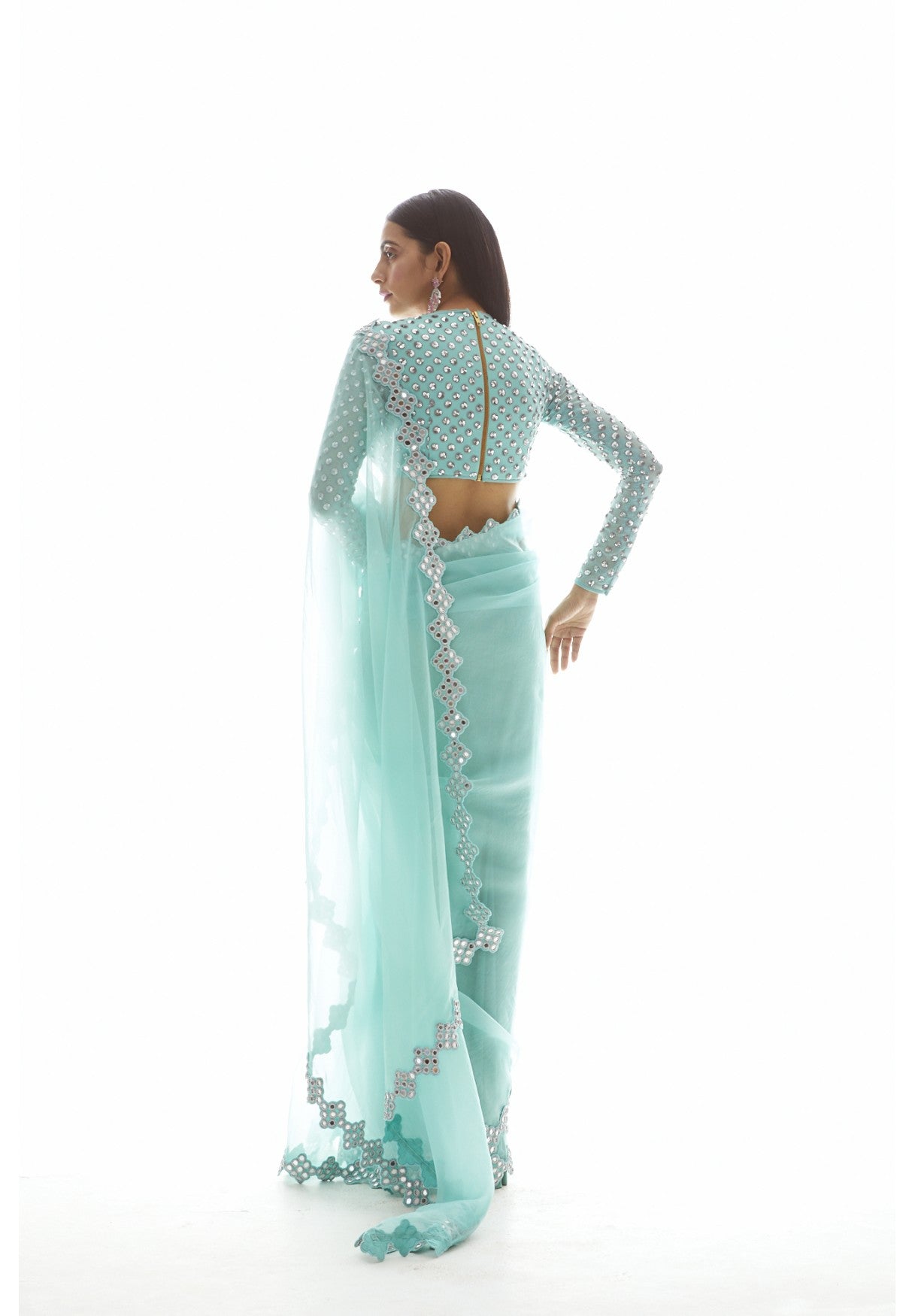 Biscay Green Organza Mirror Border Saree Set