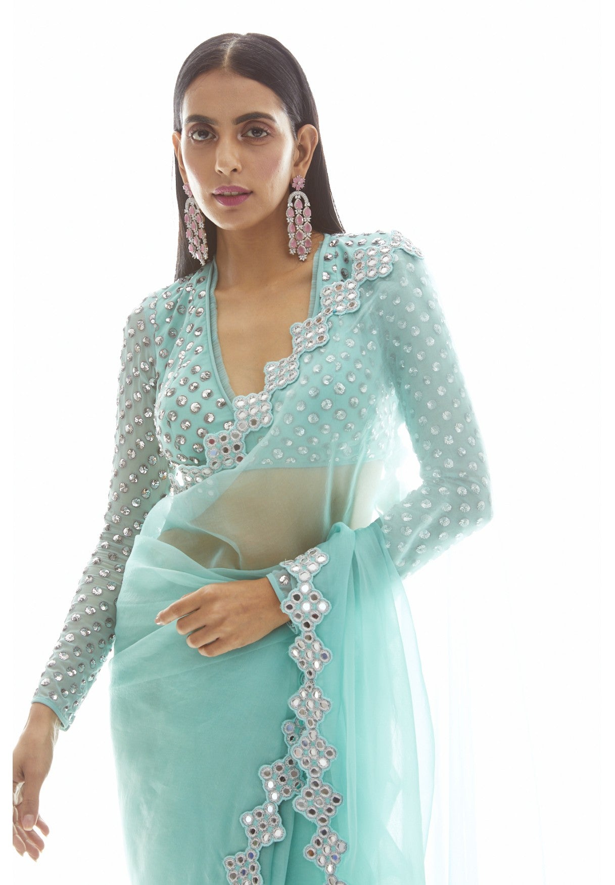 Biscay Green Organza Mirror Border Saree Set