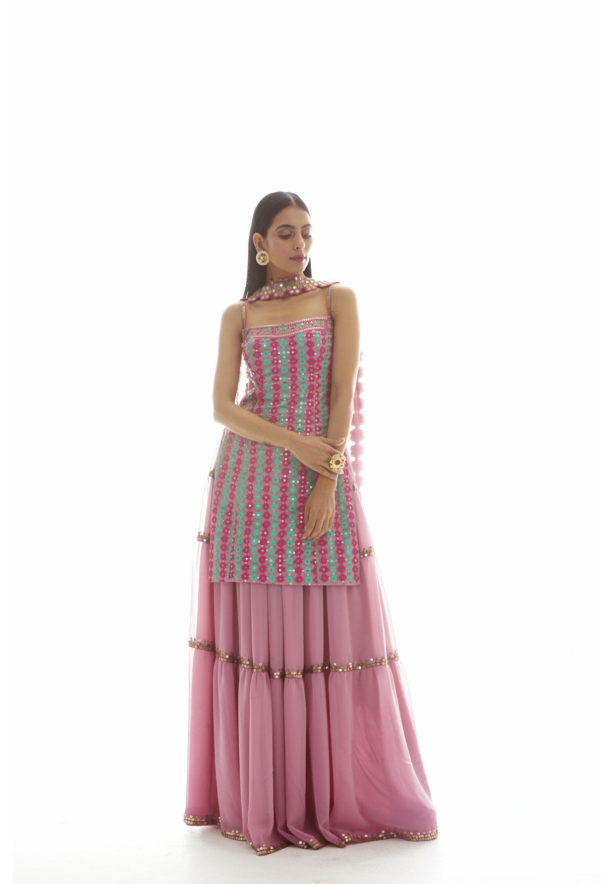 Onion Pink Applique Kurta Sharara Set