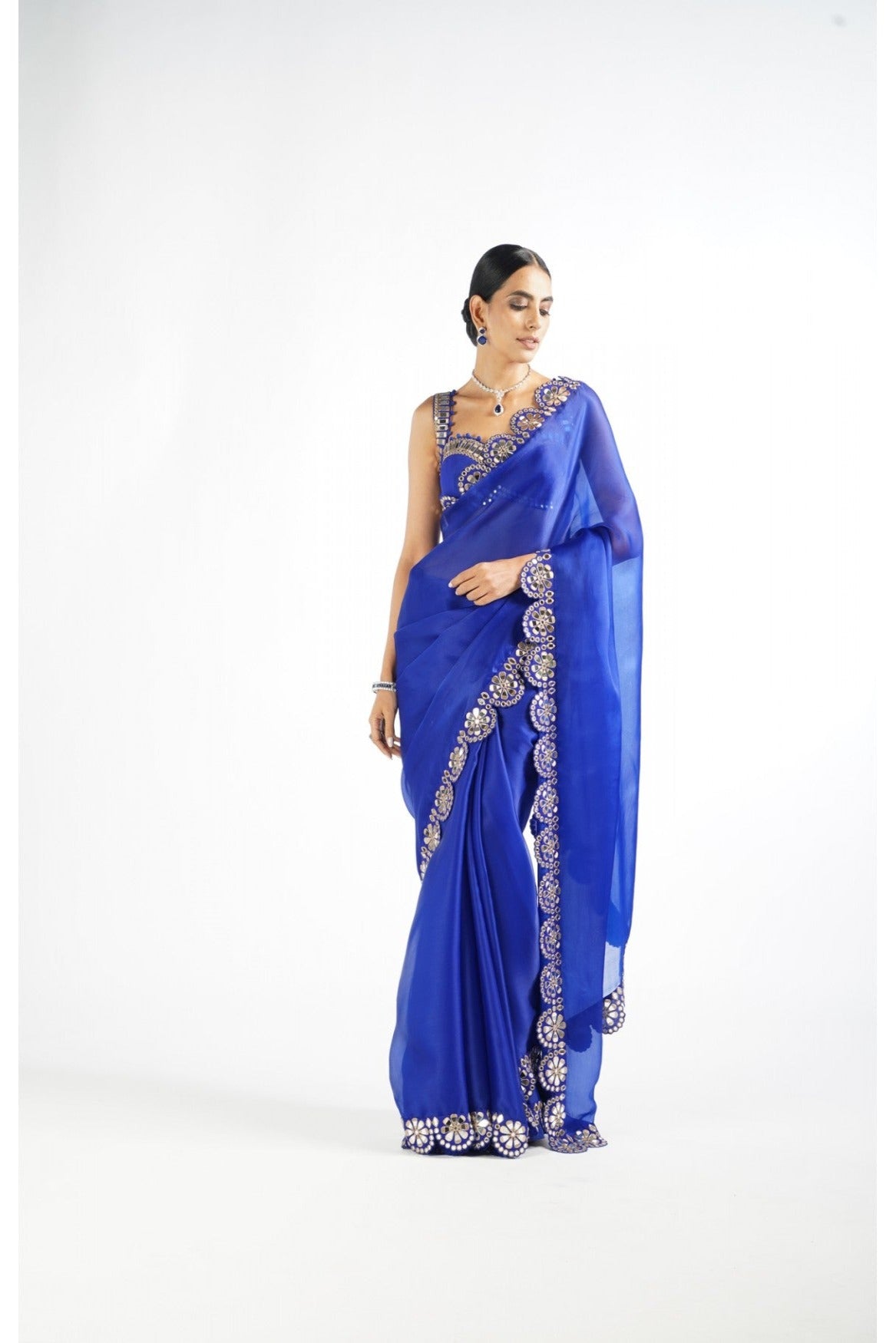Royal Blue Mirror Scallop Saree Set
