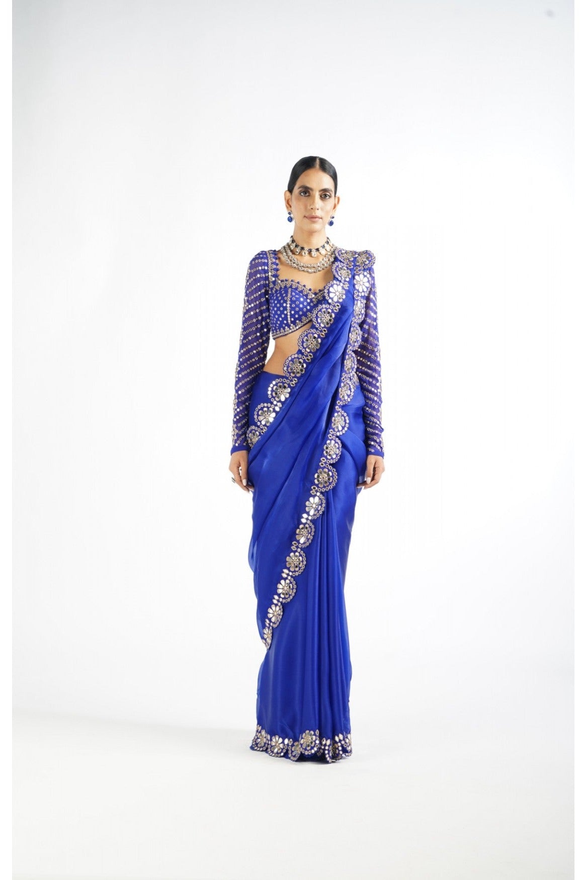 Royal Blue Mirror Work Blouse Saree Set
