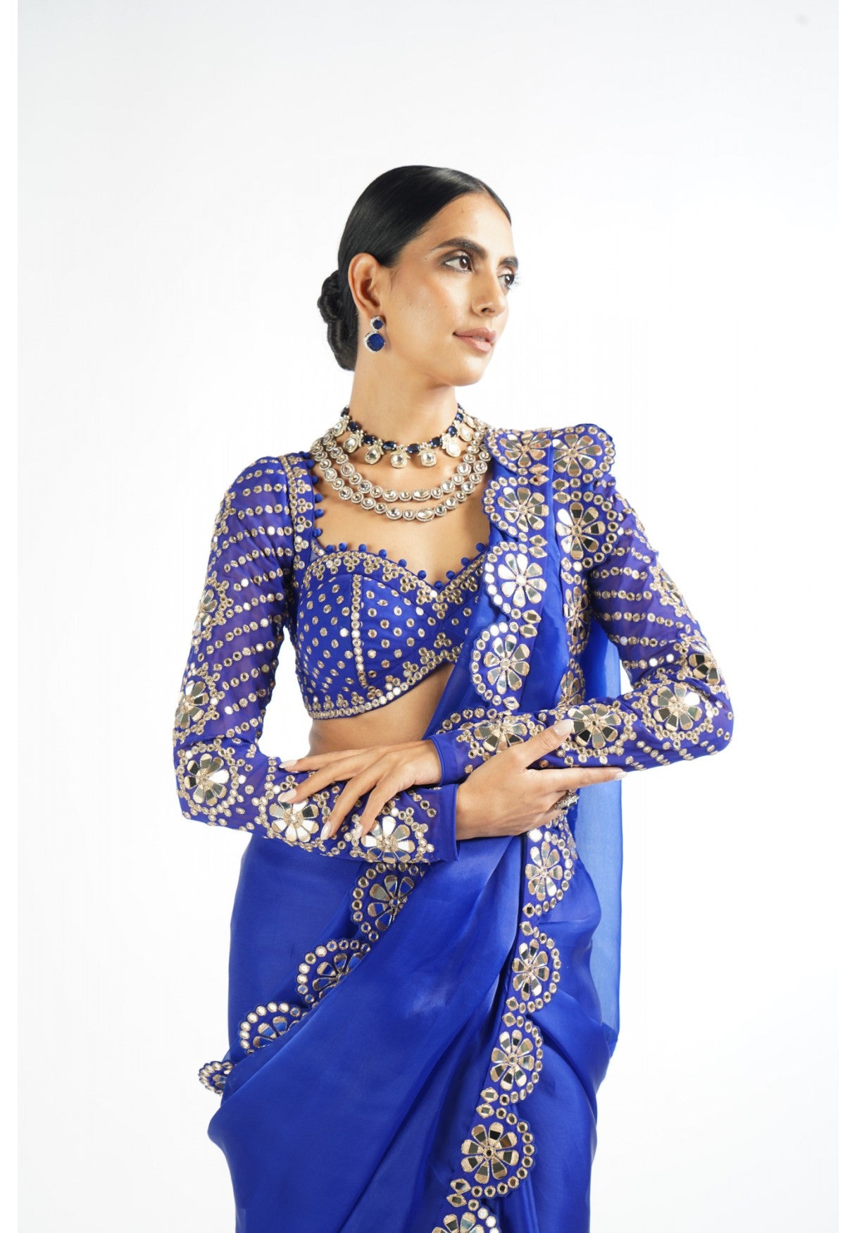 Royal Blue Mirror Work Blouse Saree Set