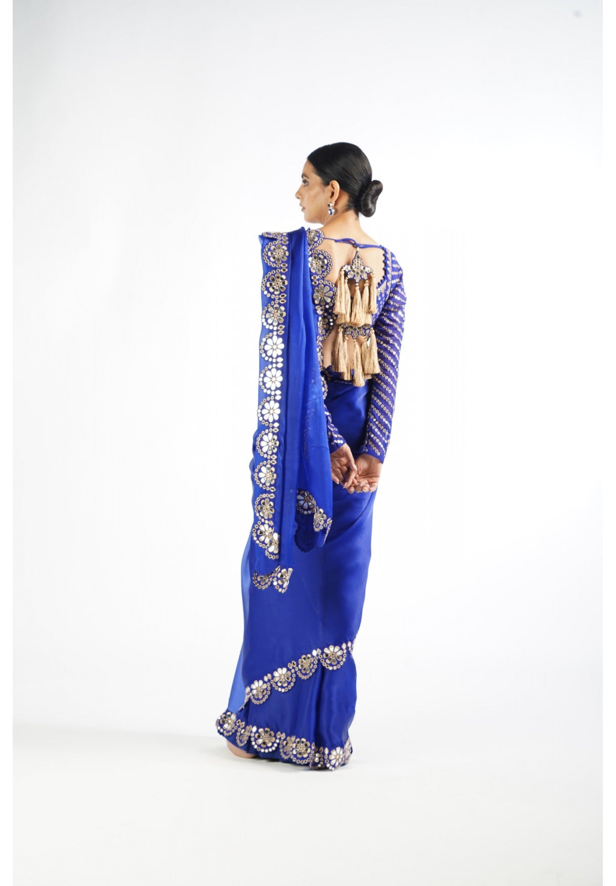 Royal Blue Mirror Work Blouse Saree Set