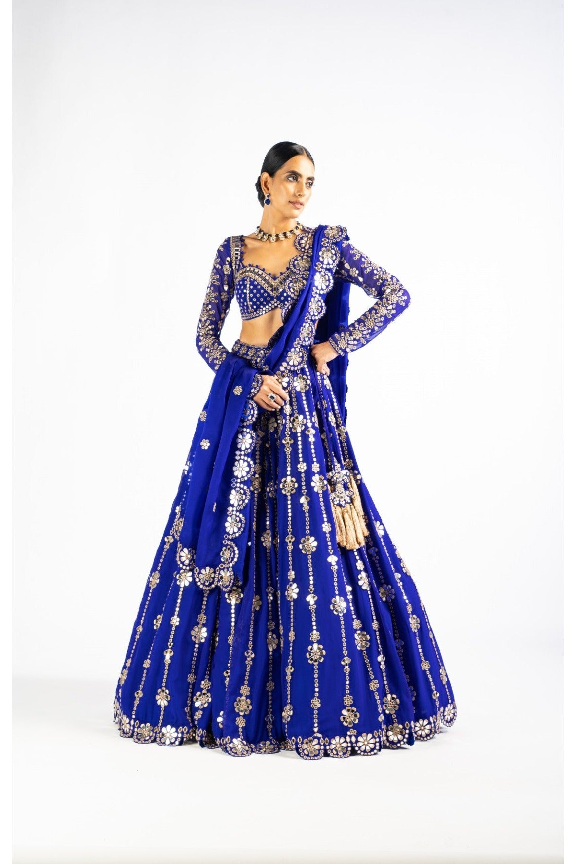 Royal Blue Big Flower Linear Lehenga Set