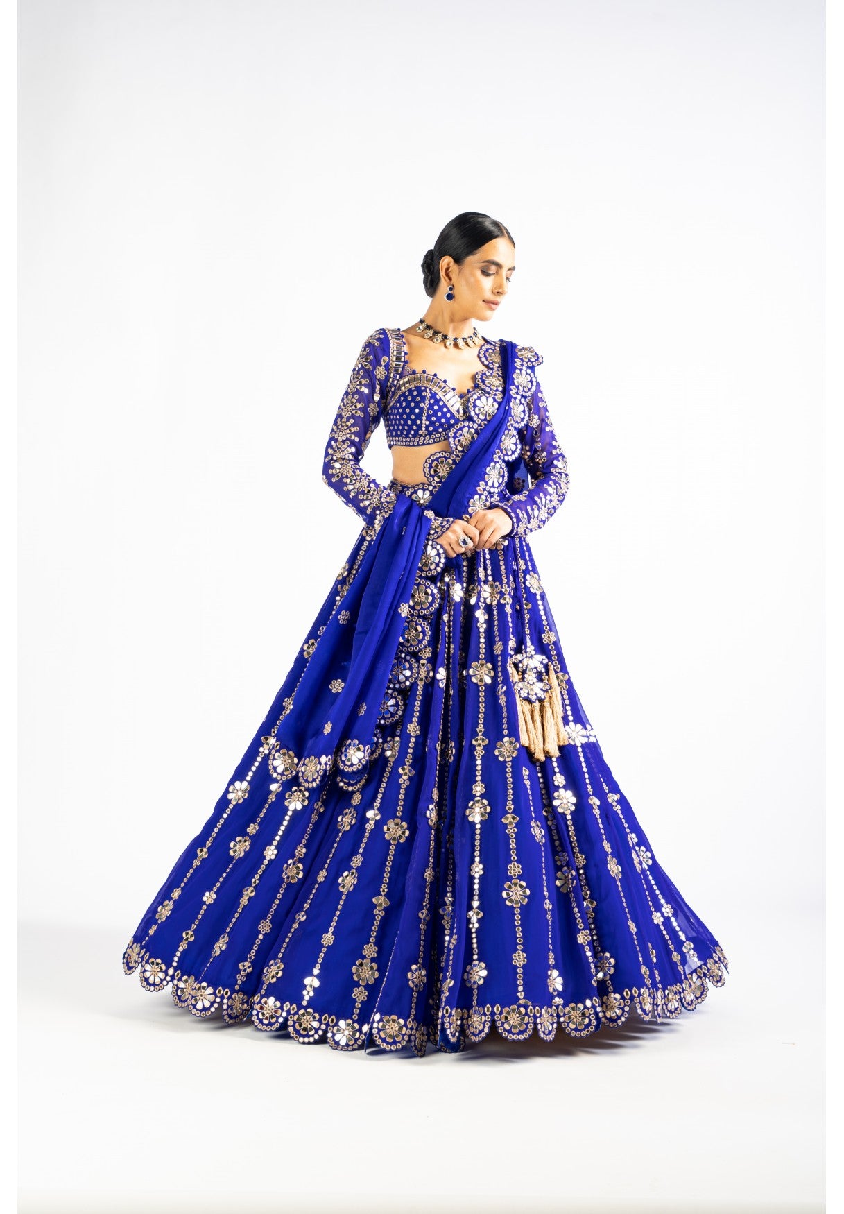 Royal Blue Big Flower Linear Lehenga Set