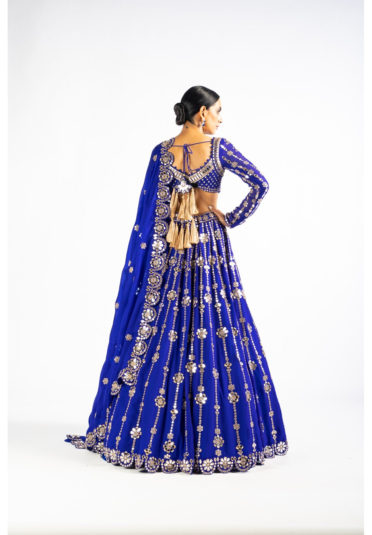Royal Blue Big Flower Linear Lehenga Set
