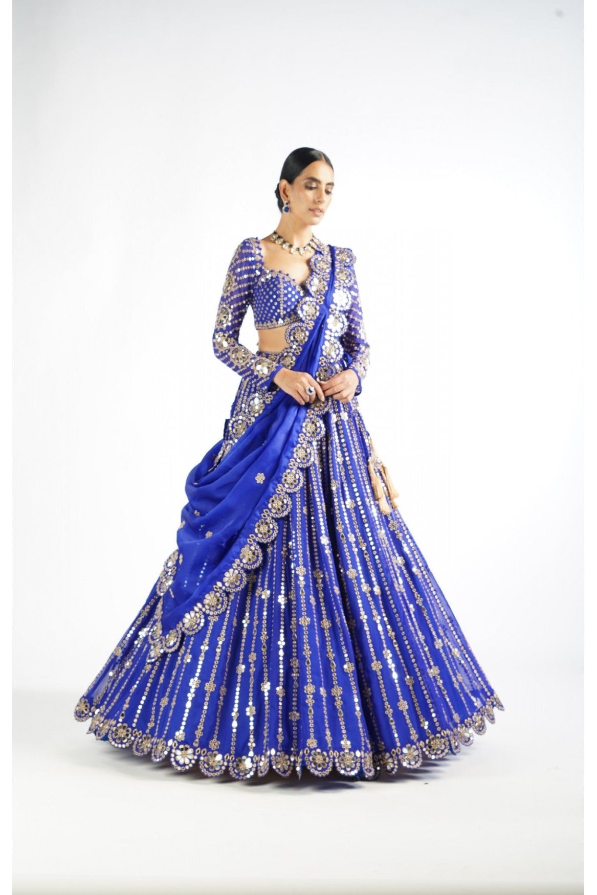 Royal Blue Small Flower Linear Lehenga Set