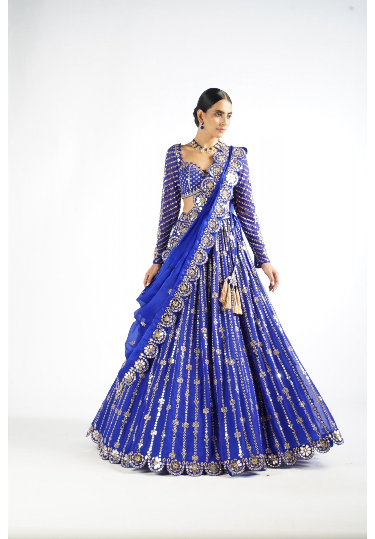 Royal Blue Small Flower Linear Lehenga Set