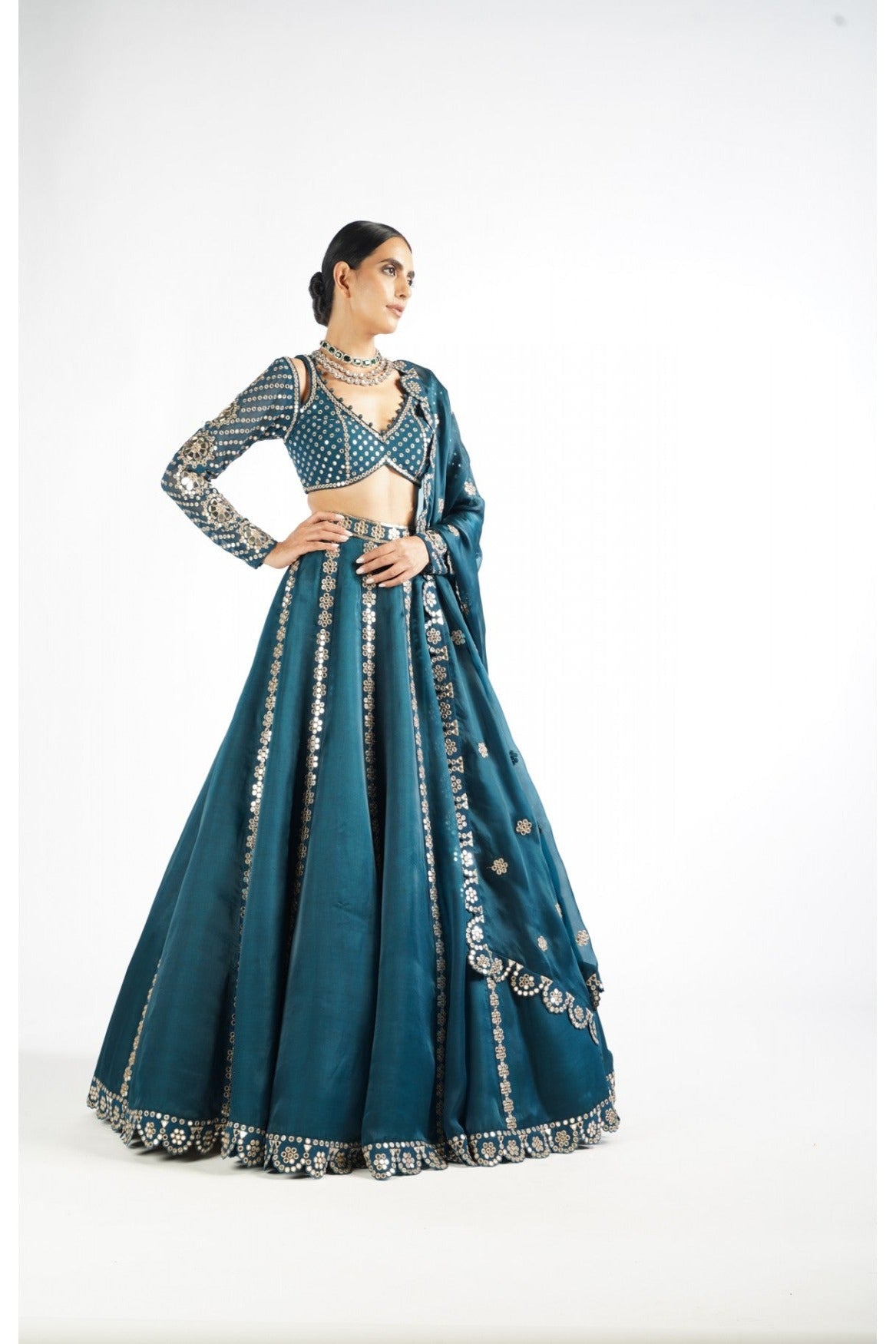Dark Teal Flower Linear Lehenga Set