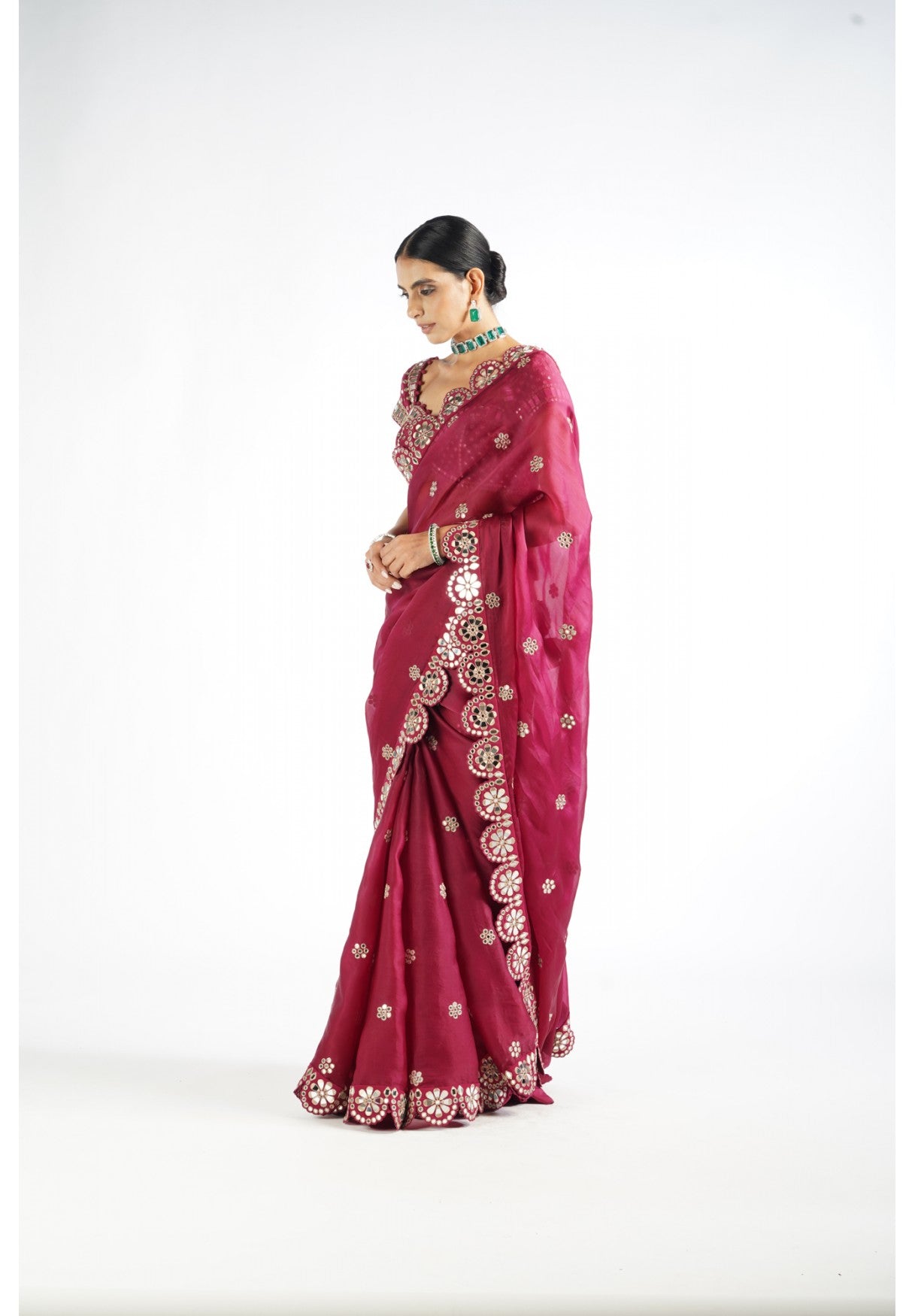Mellow Wine Mirror Work Blouse Saree Set