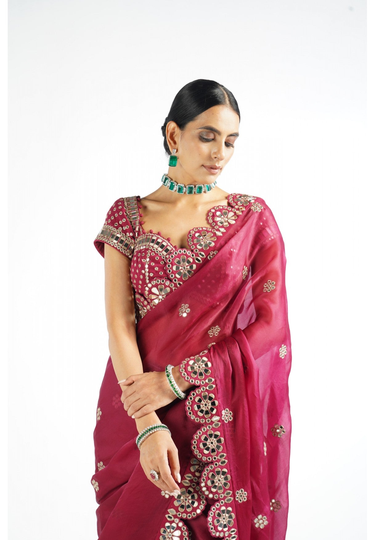 Mellow Wine Mirror Work Blouse Saree Set