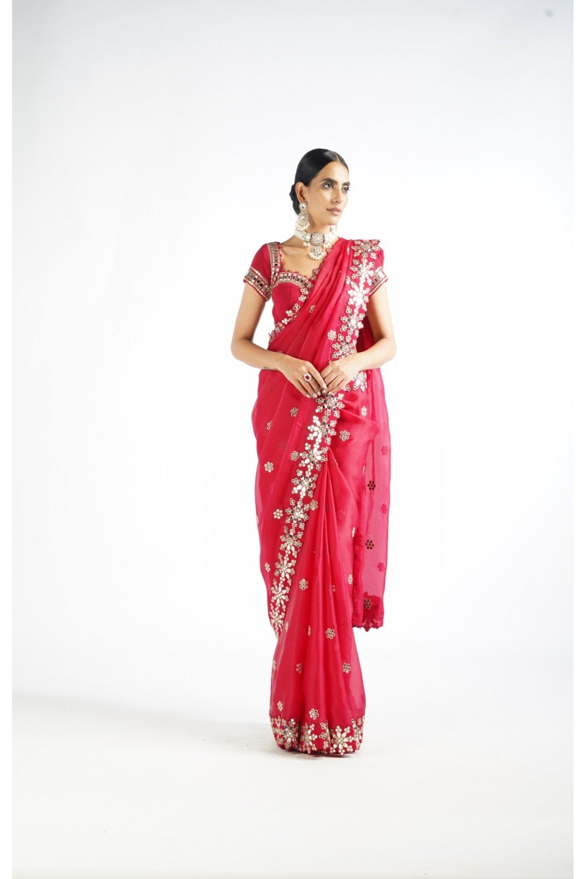 Crimson Red Mirror Work Saree