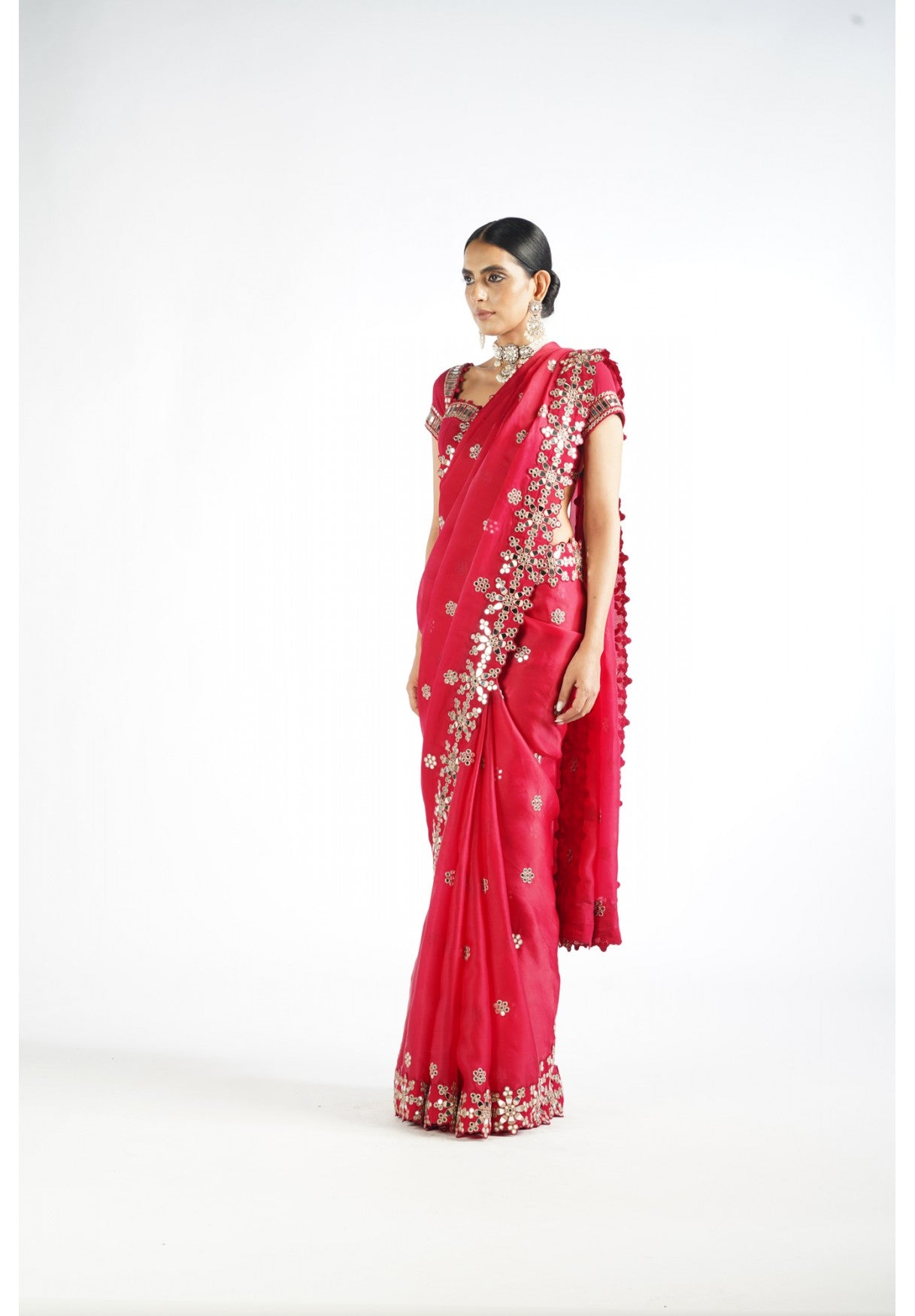 Crimson Red Mirror Work Saree