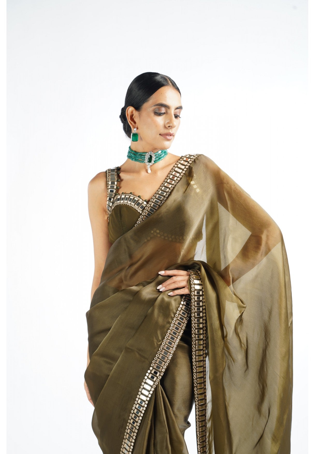 Olive Green Mirror Work Saree Set