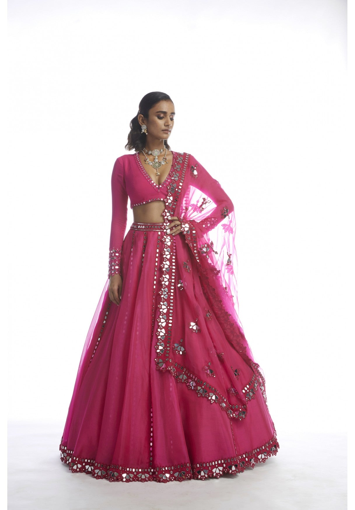 Peacock Pink Mirror Cut-Work Lehenga Set