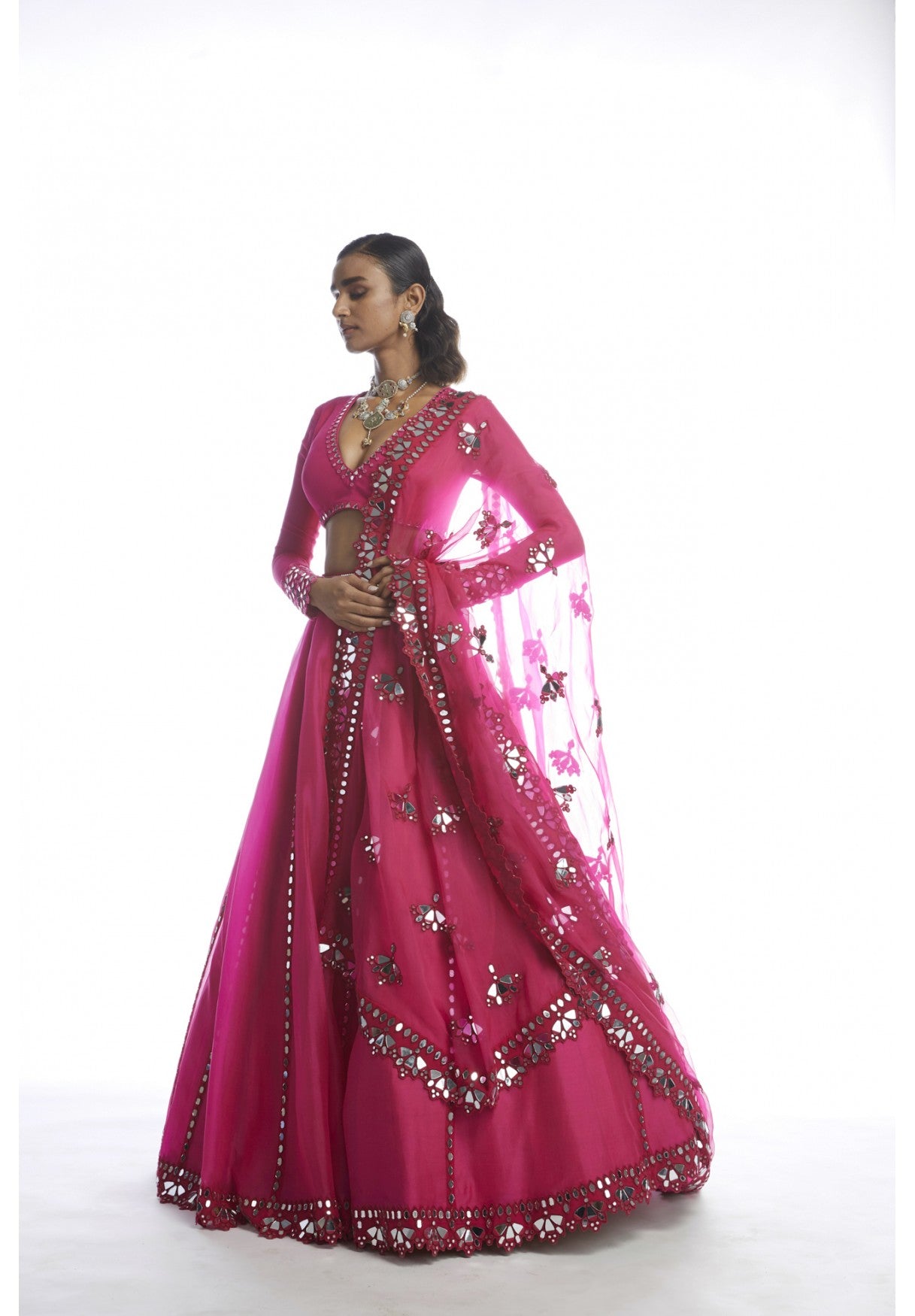 Peacock Pink Mirror Cut-Work Lehenga Set