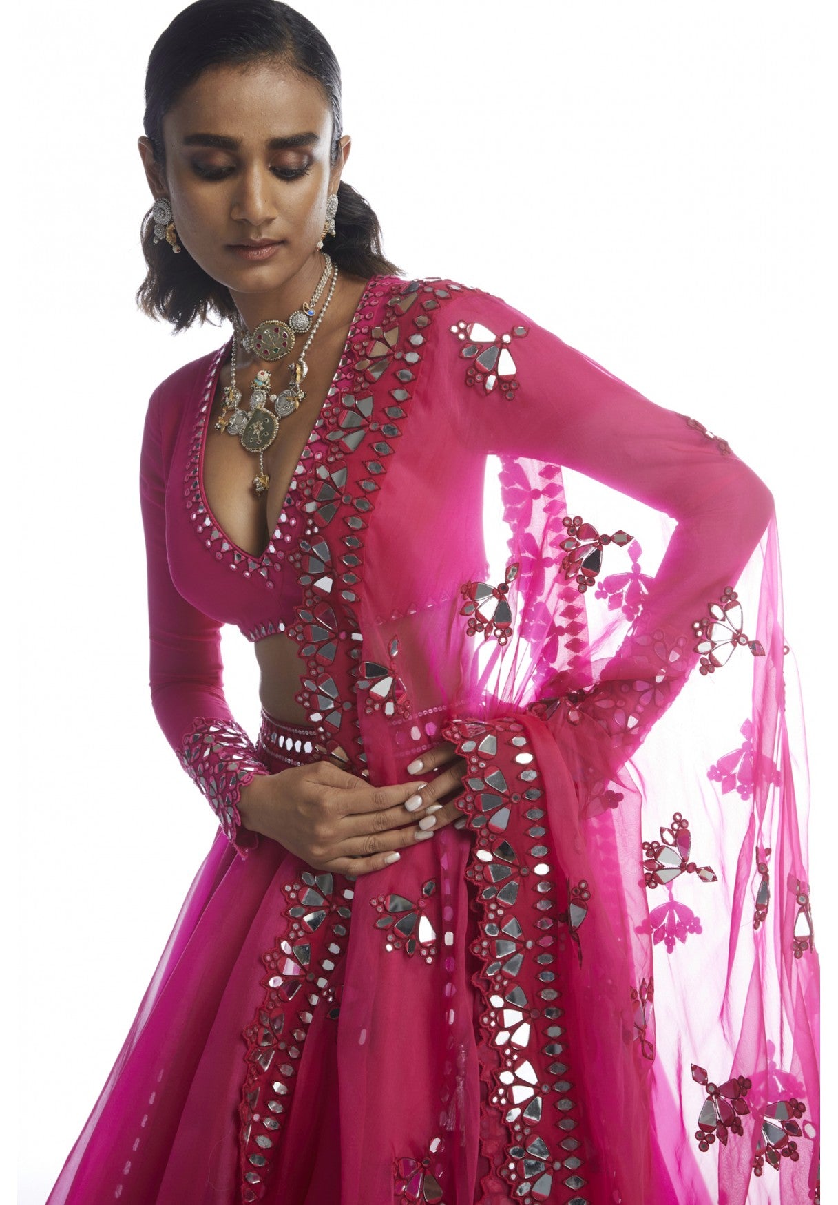 Peacock Pink Mirror Cut-Work Lehenga Set