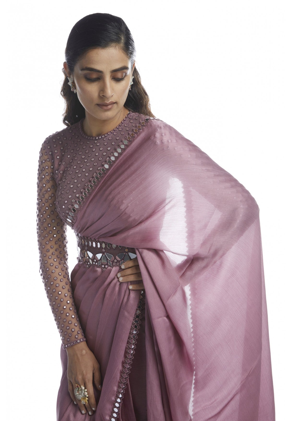 Old Rose Satin Chiffon Saree With Belt
