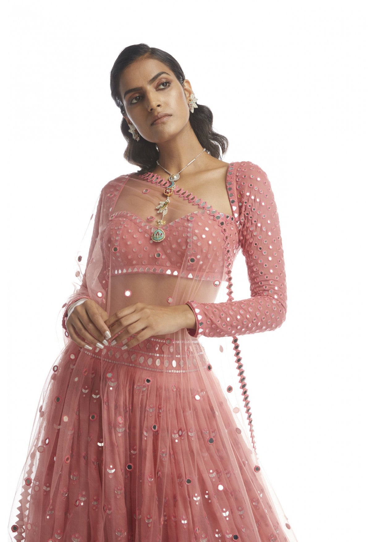 Dull Coral Mirror Gradation Lehanga