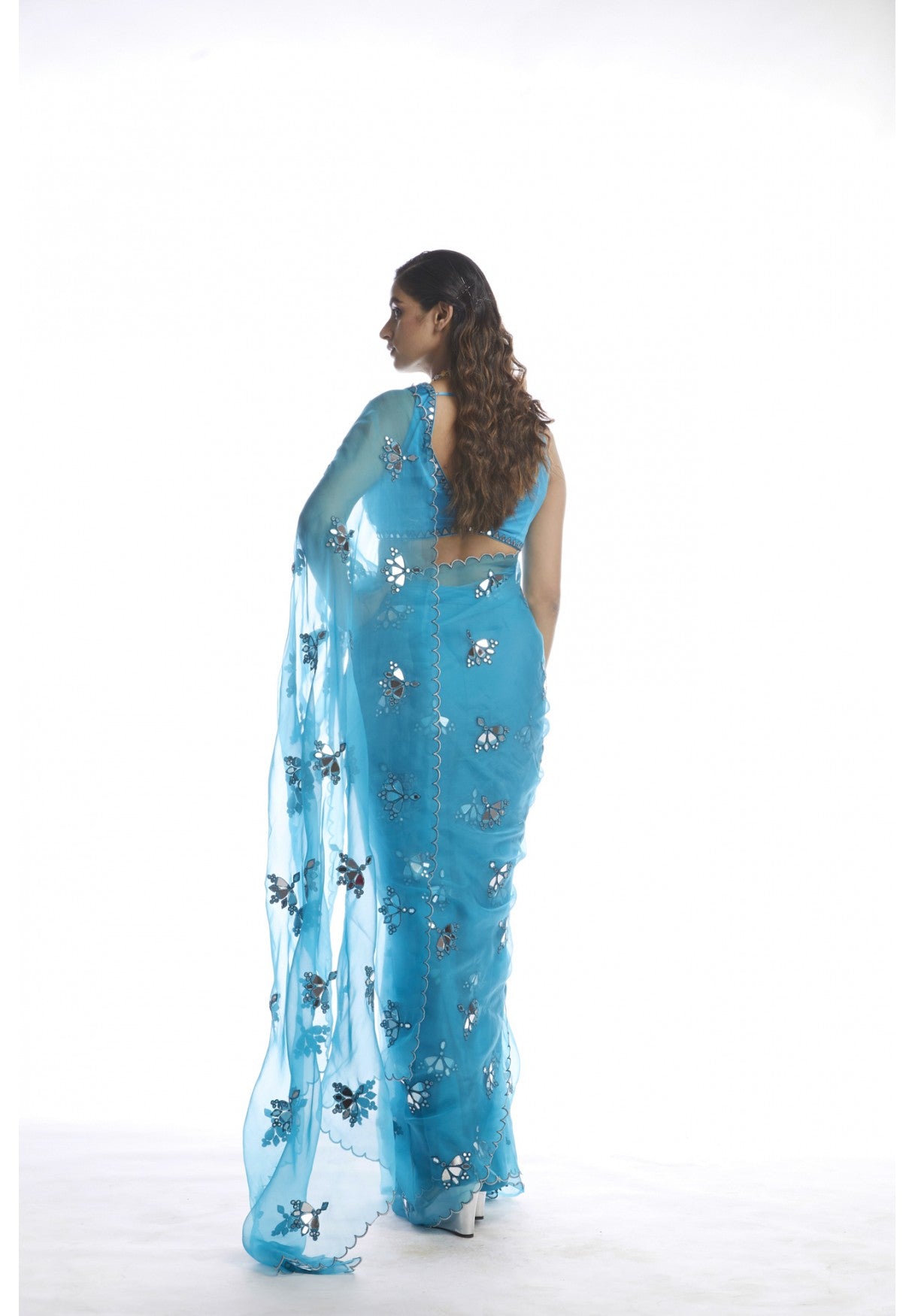 Turquoise Blue Mirror Cut Work Saree