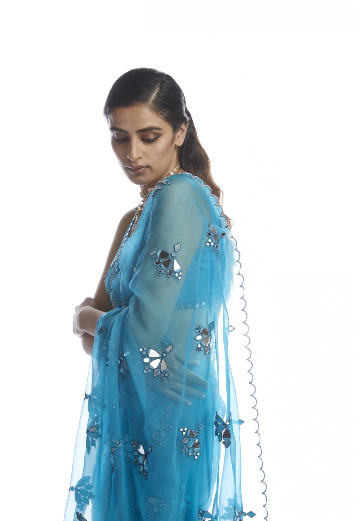 Turquoise Blue Mirror Cut Work Saree