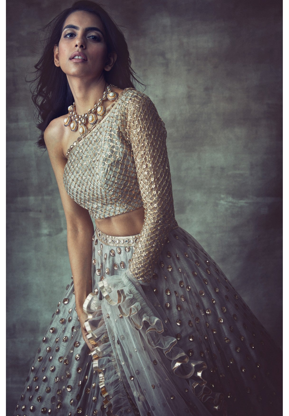 Light Grey One Sleeve Lehenga Set