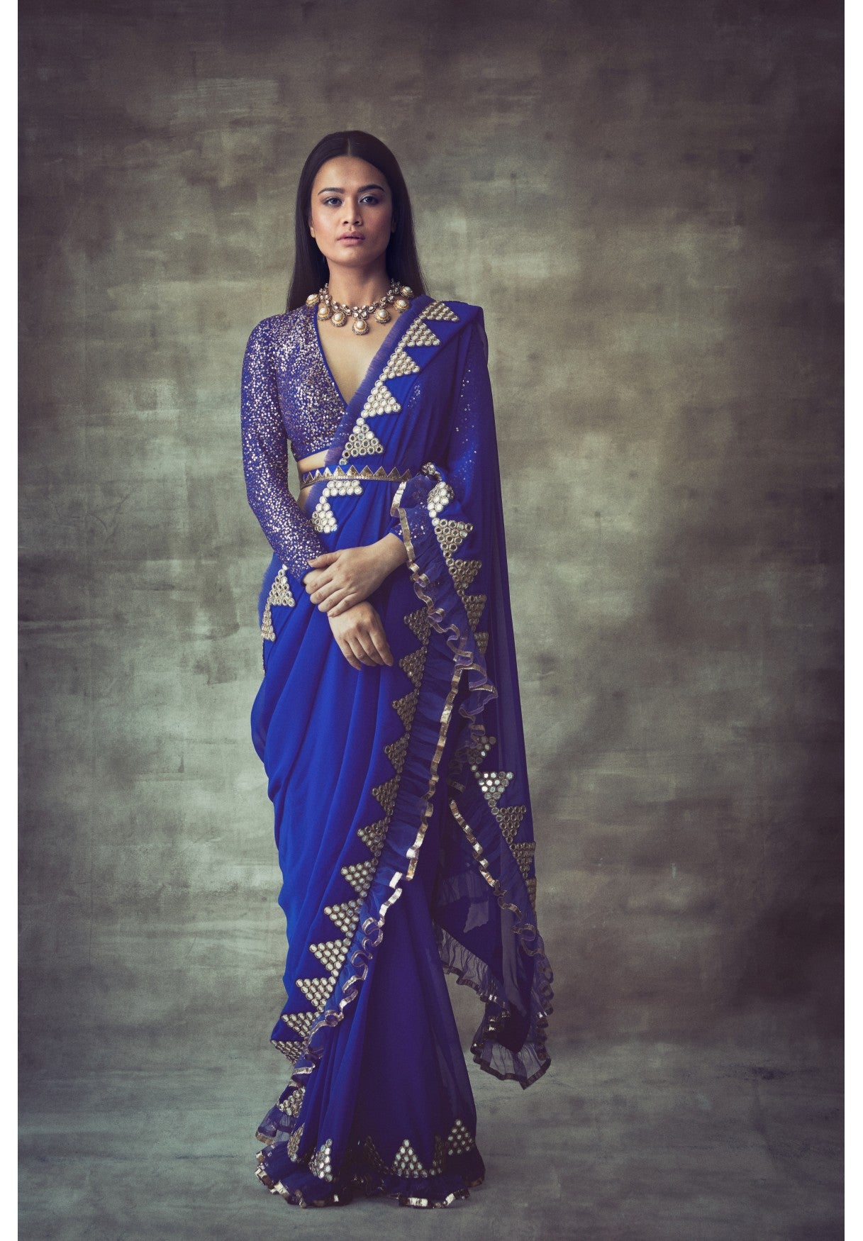 Royal Blue Mirror Border Frill Saree Set
