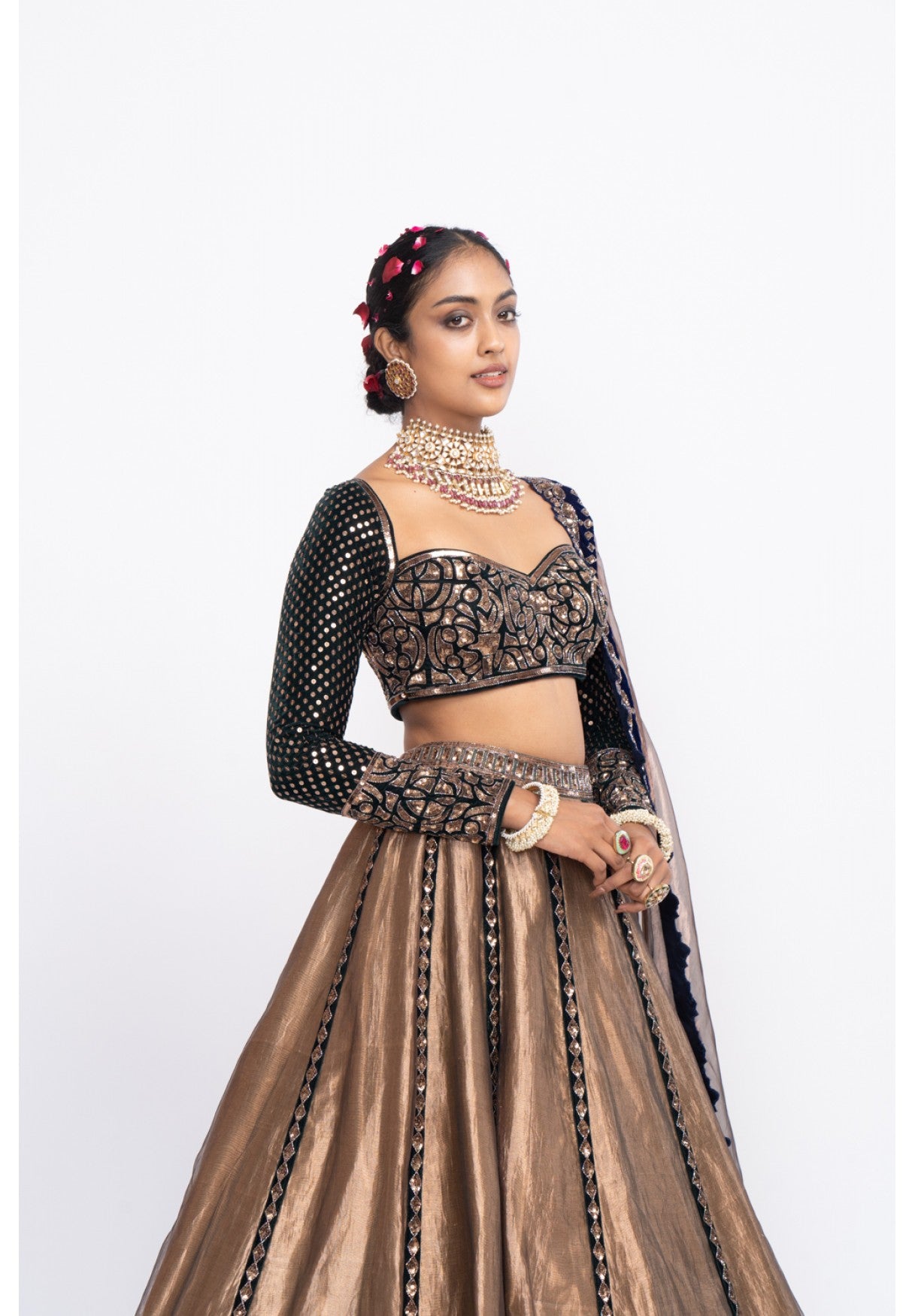 Deep Green Copper Tissue Lehenga Set